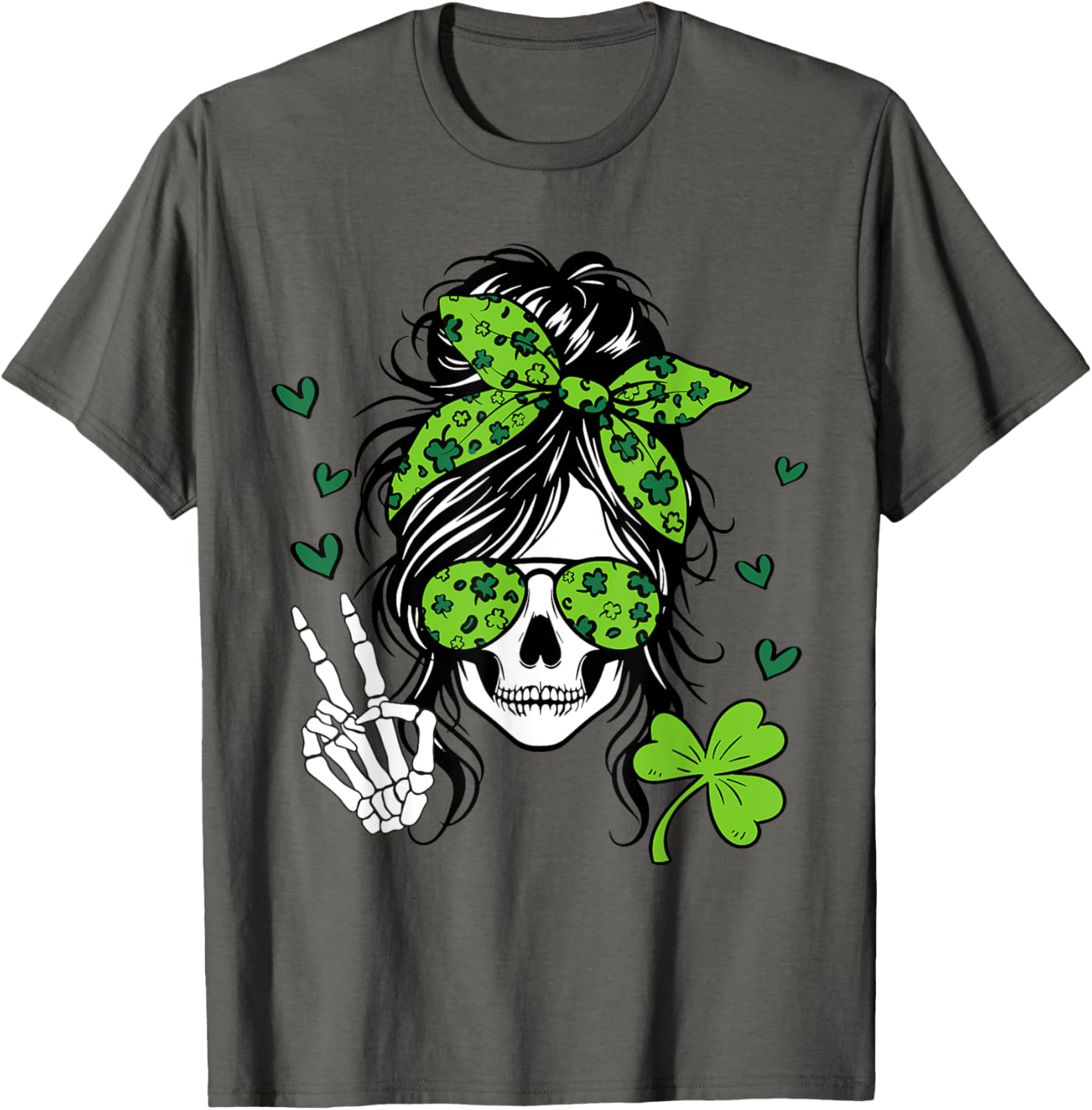Lucky Irish Skull Girl T-Shirt for St. Patrick's Day with Messy Bun Design - 15