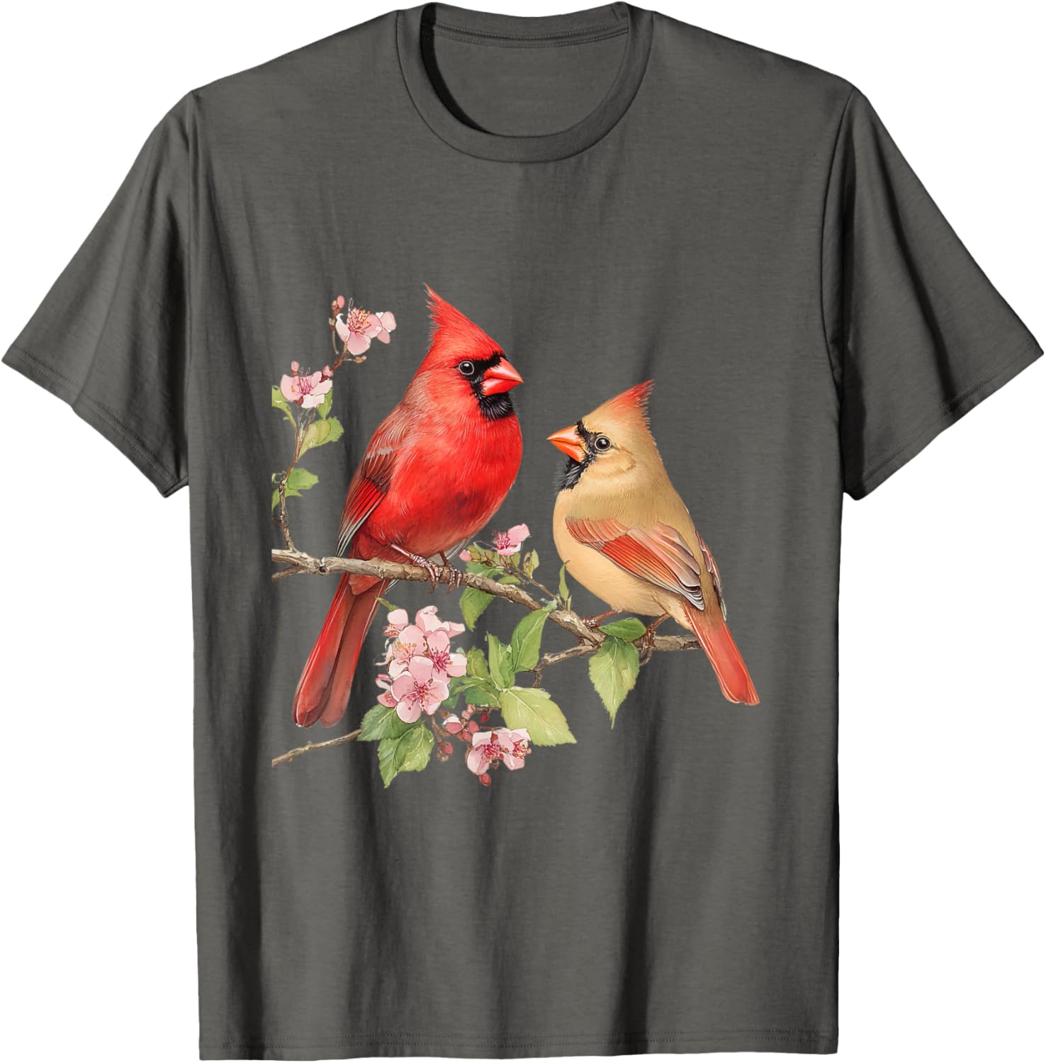 Charming Male and Female Cardinals on Cherry Blossom Branch T-Shirt - 1