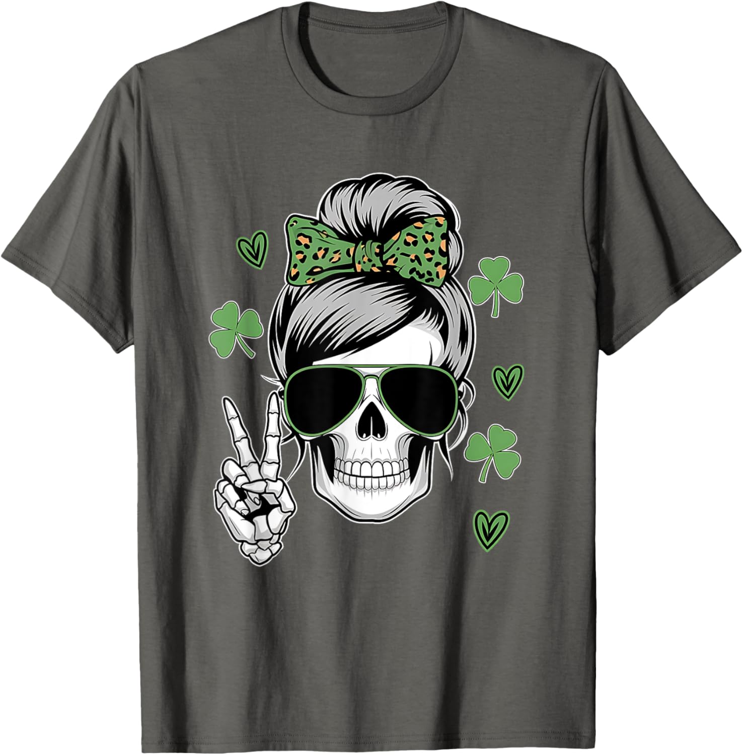 St Patricks Day Skull Messy Bun T-Shirt for Women - Fun and Stylish Wear - 14