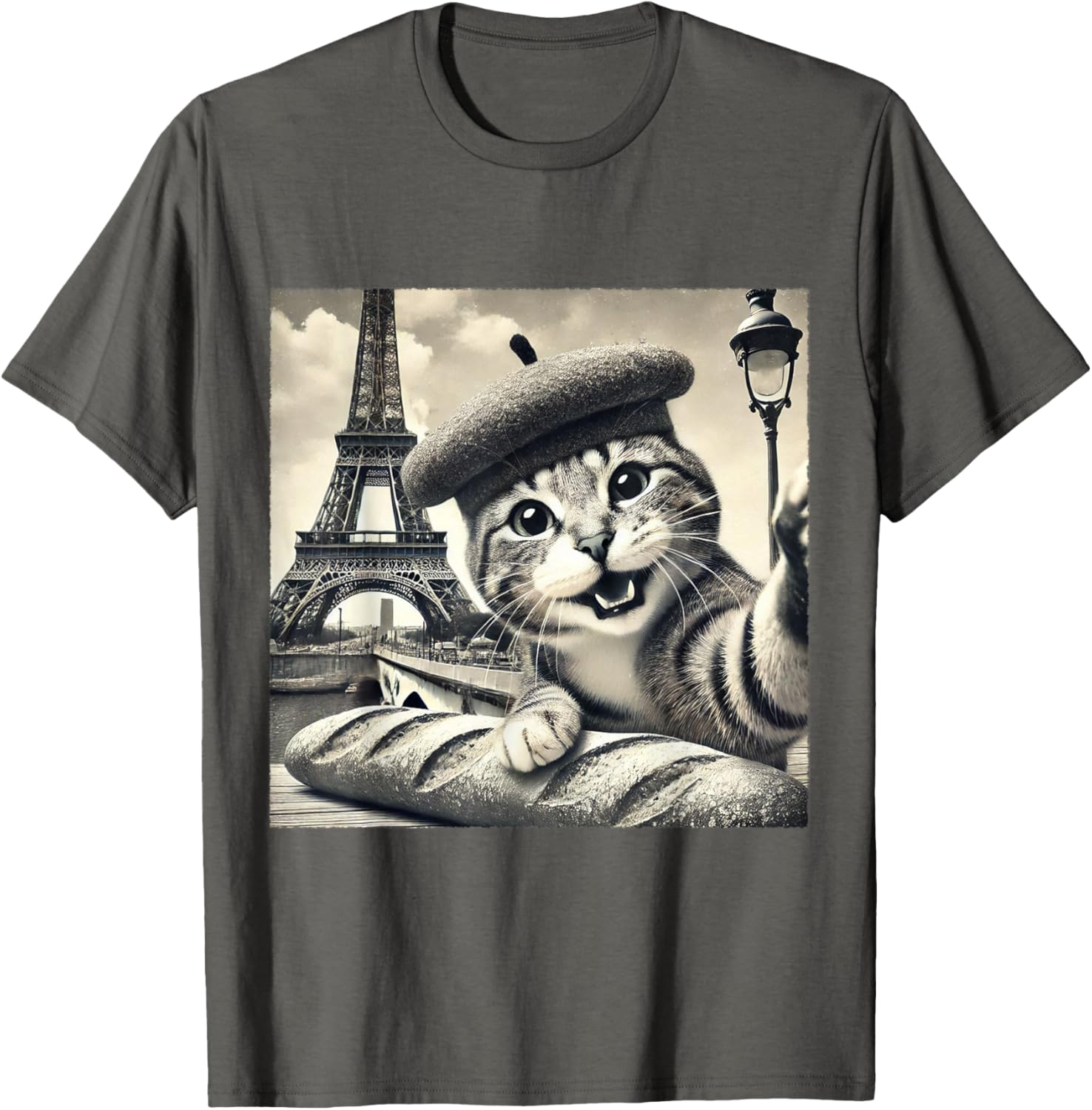 Funny Paris Cat in Beret with Baguette Eiffel Tower T-Shirt for Cat Lovers - 16