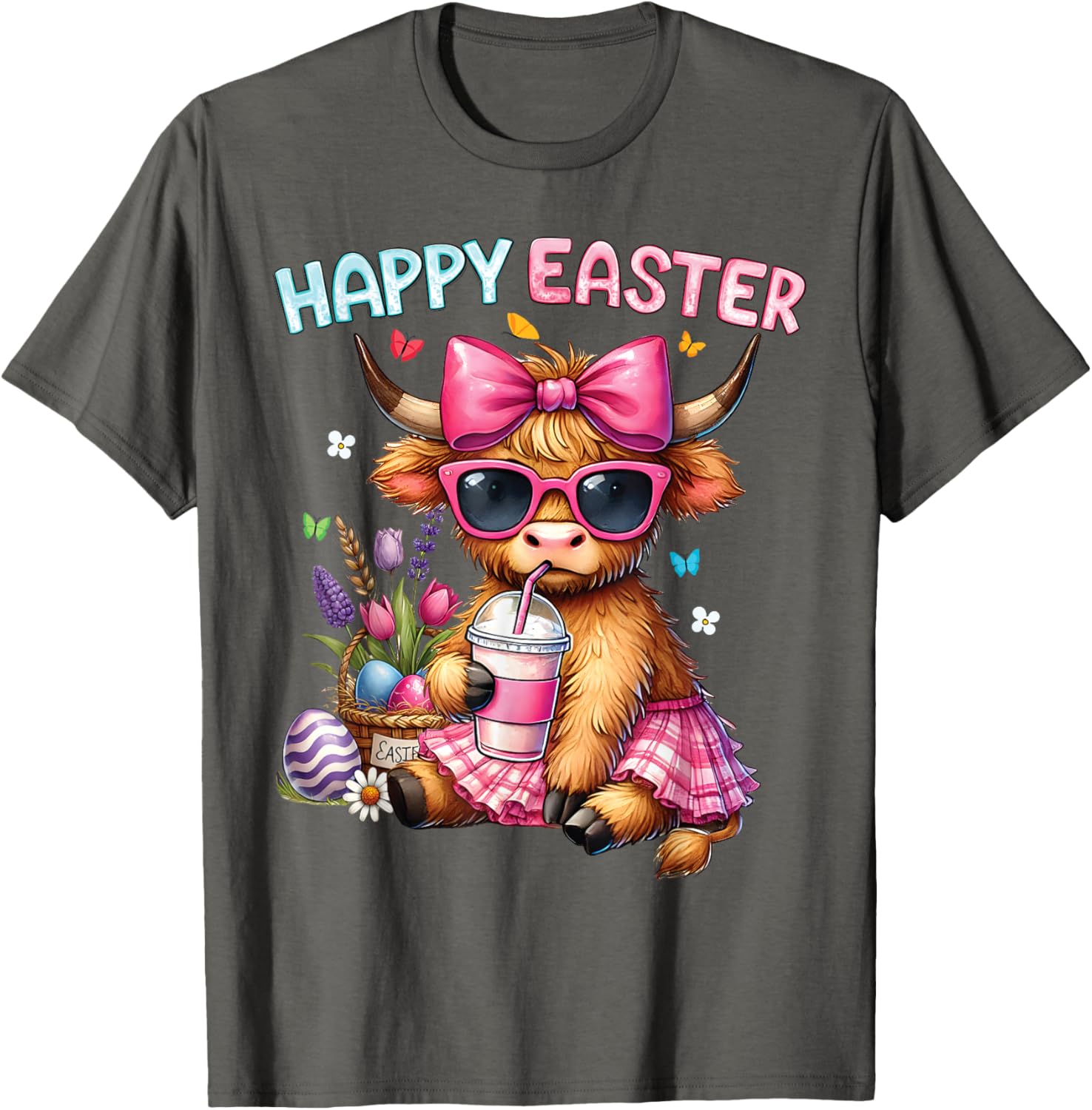 Happy Easter Highland Cow Bunny T-Shirt for Women and Kids - 9