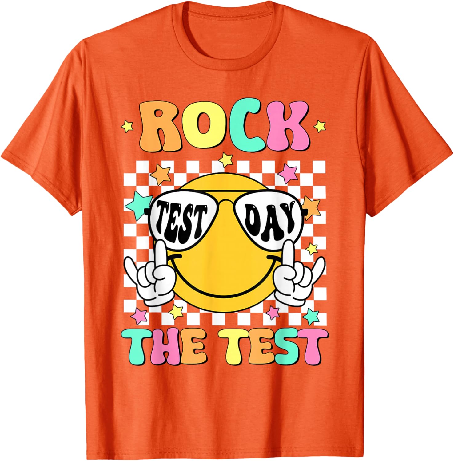 Rock the Test Teacher T-Shirt with Smile Face for Test Day Fun - 18