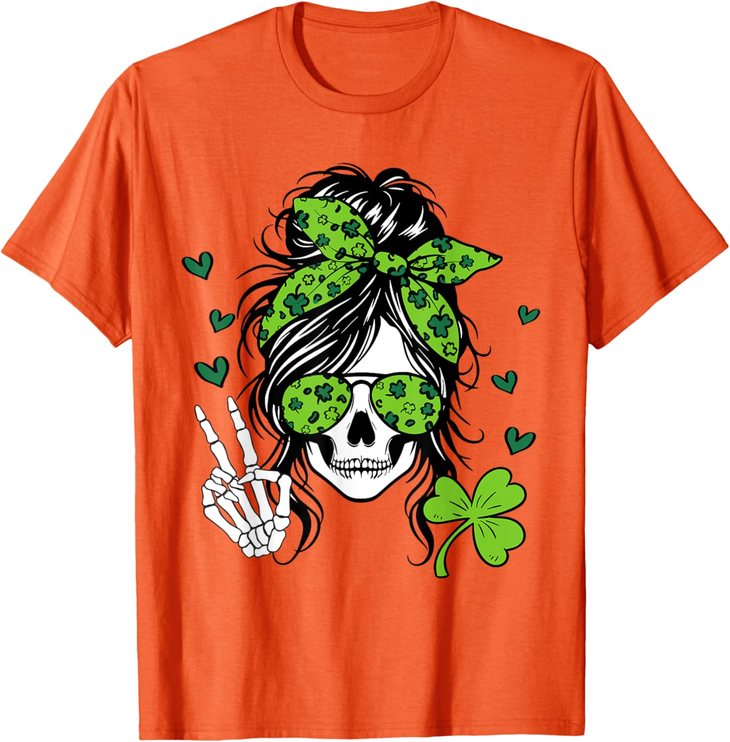 Lucky Irish Skull Girl T-Shirt for St. Patrick's Day with Messy Bun Design - 27