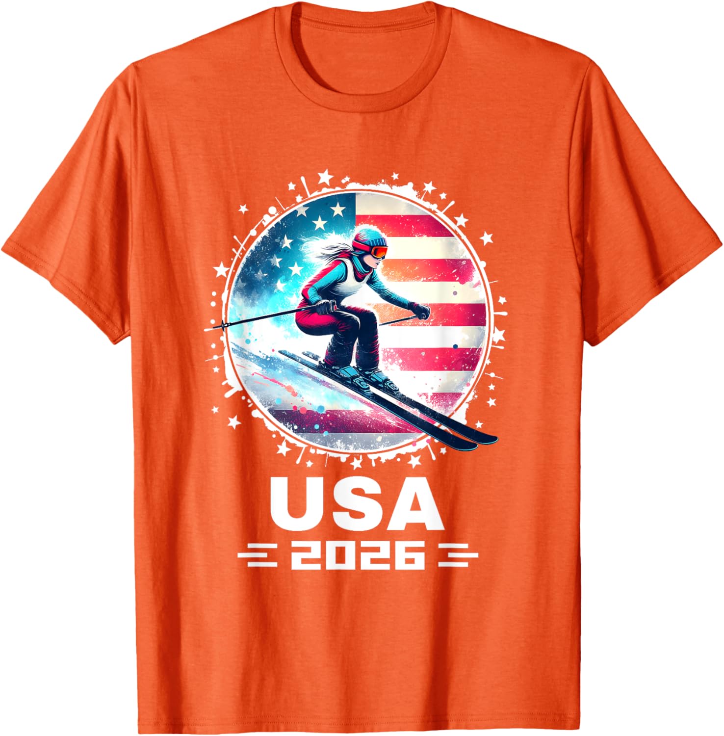 Skier USA Team 2026 Women's American Flag Skiing T-Shirt - 11