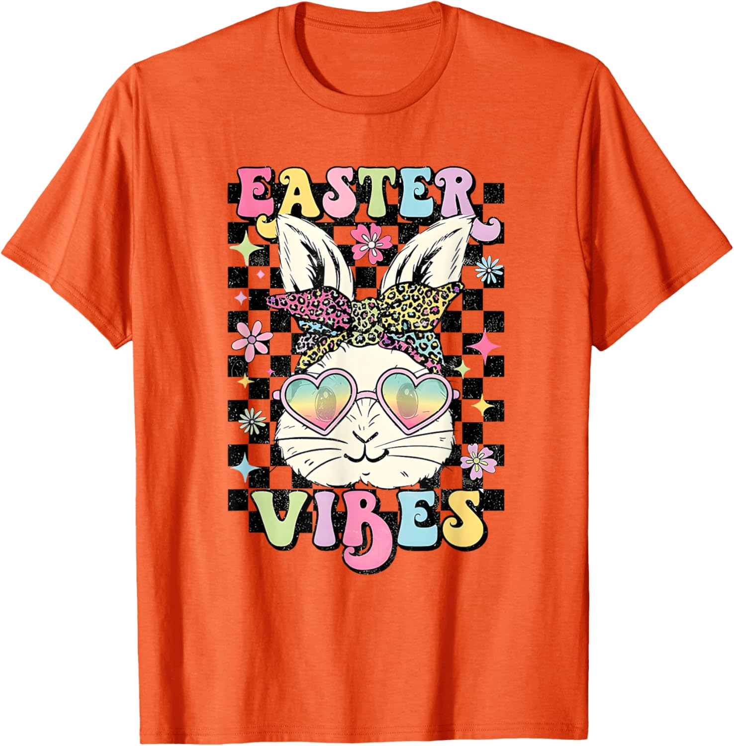 Retro Groovy Easter Vibes Bunny Checkered T-Shirt for Women and Girls - 2