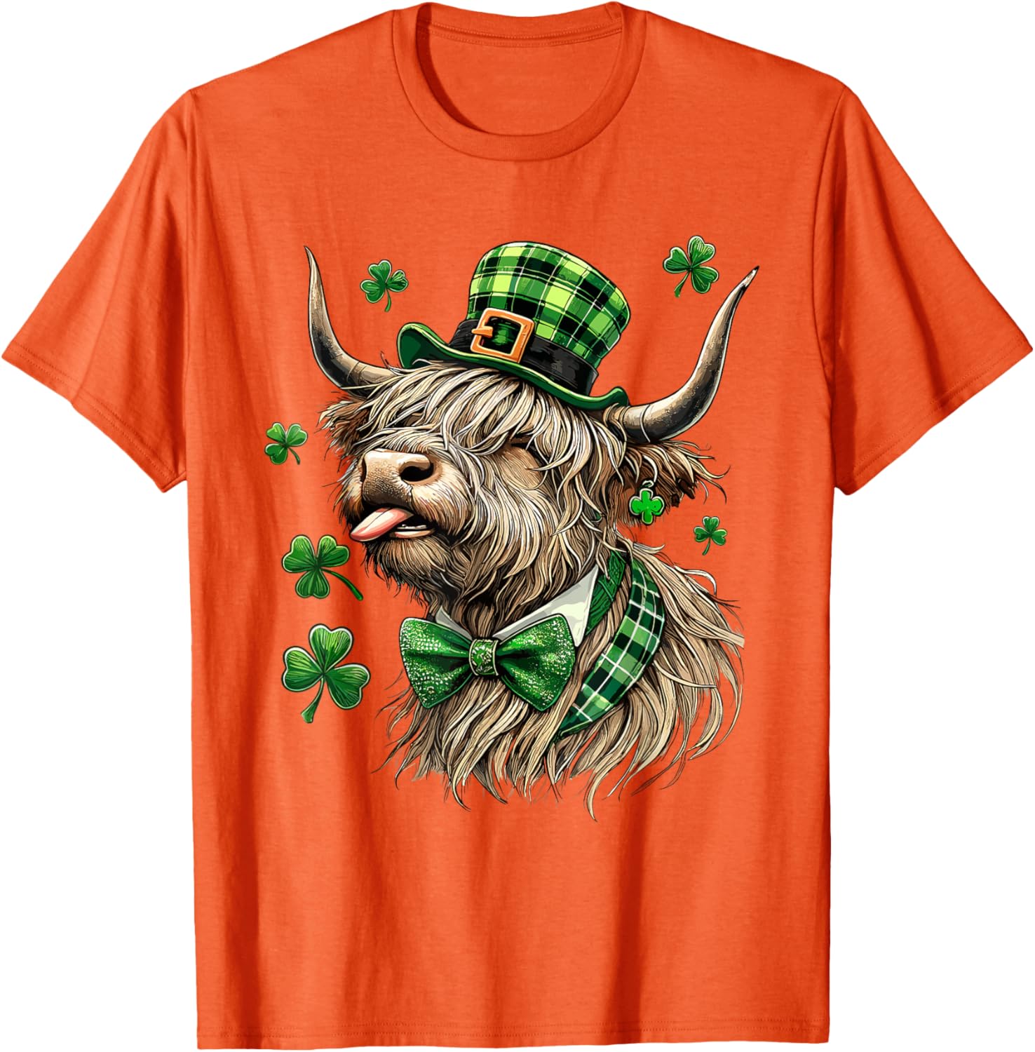 St. Patrick's Day Highland Cow T-Shirt with Lucky Shamrock Design - 19