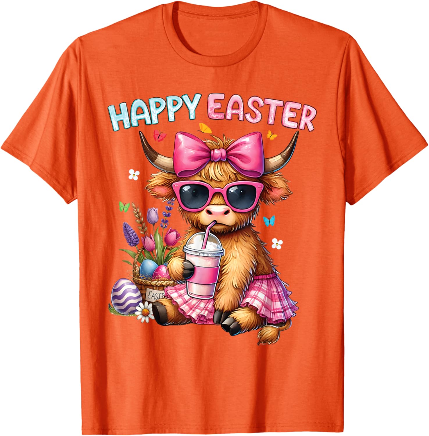 Happy Easter Highland Cow Bunny T-Shirt for Women and Kids - 26