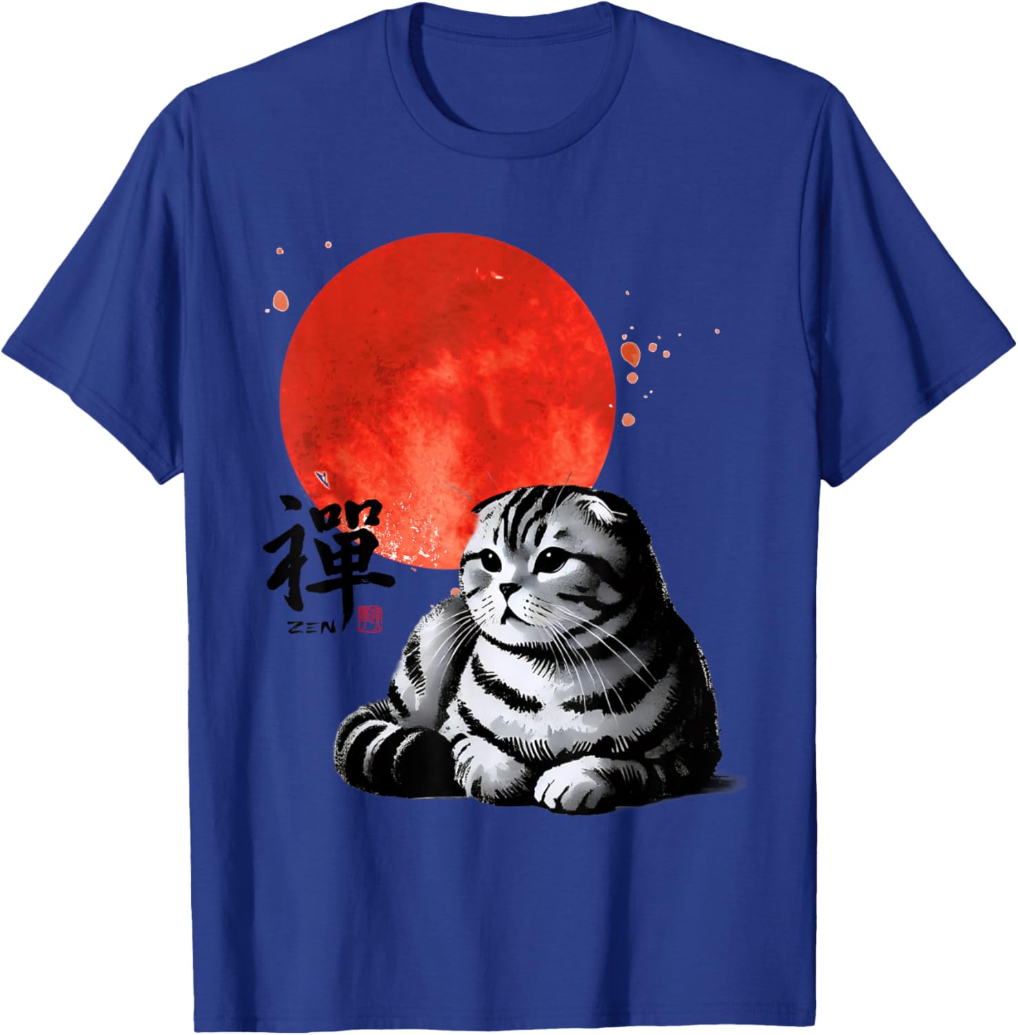 Scottish Fold Cat Sumi-e Art T-Shirt with Japanese Red Sun Design - 11