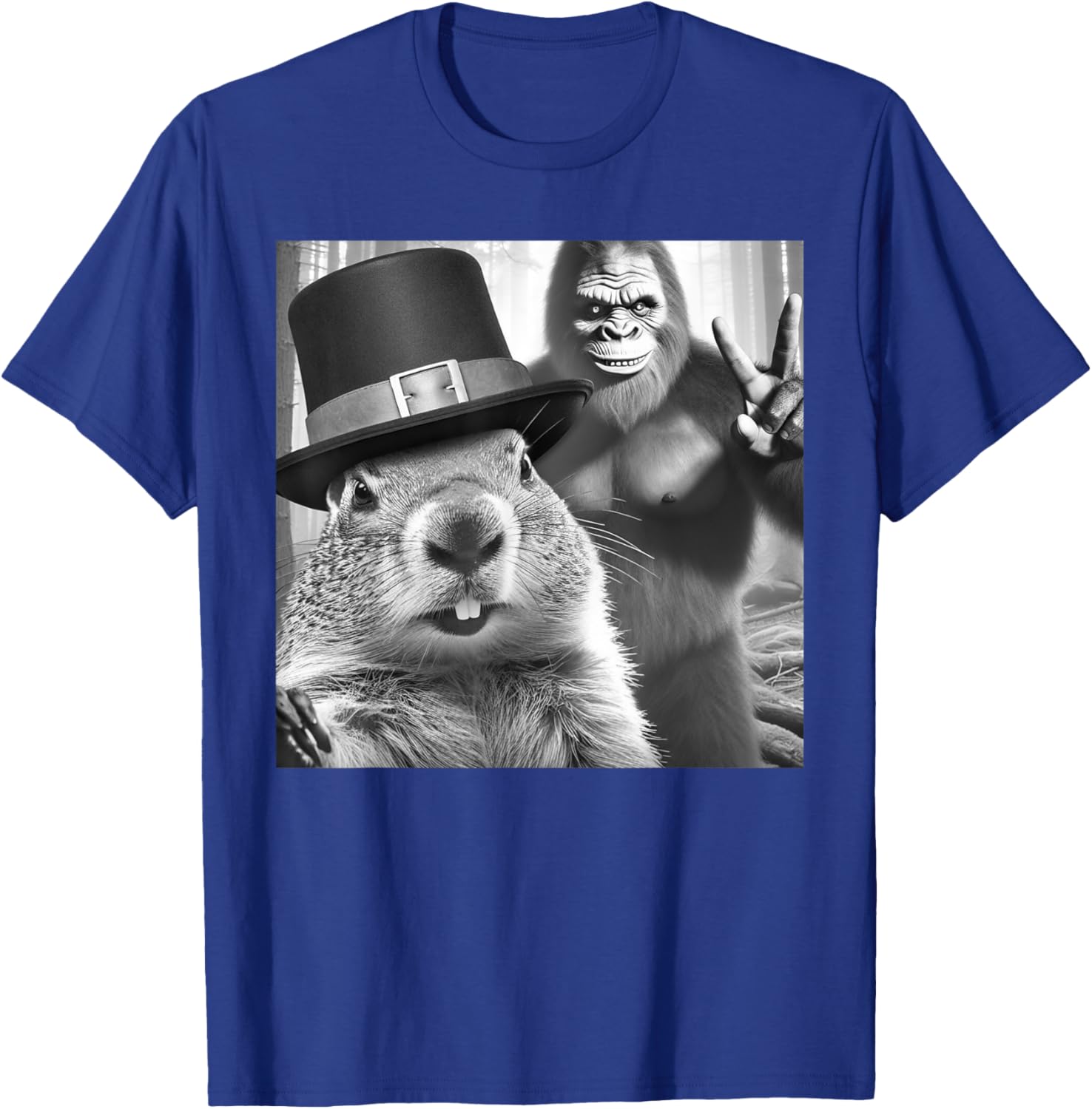 Funny Groundhog Day T-Shirt with Groundhog Taking Selfie with Bigfoot - 2