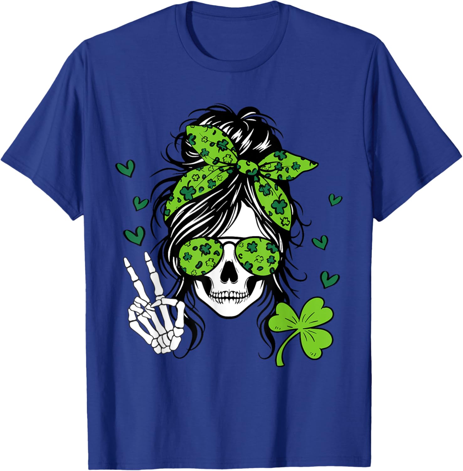 Lucky Irish Skull Girl T-Shirt for St. Patrick's Day with Messy Bun Design - 12