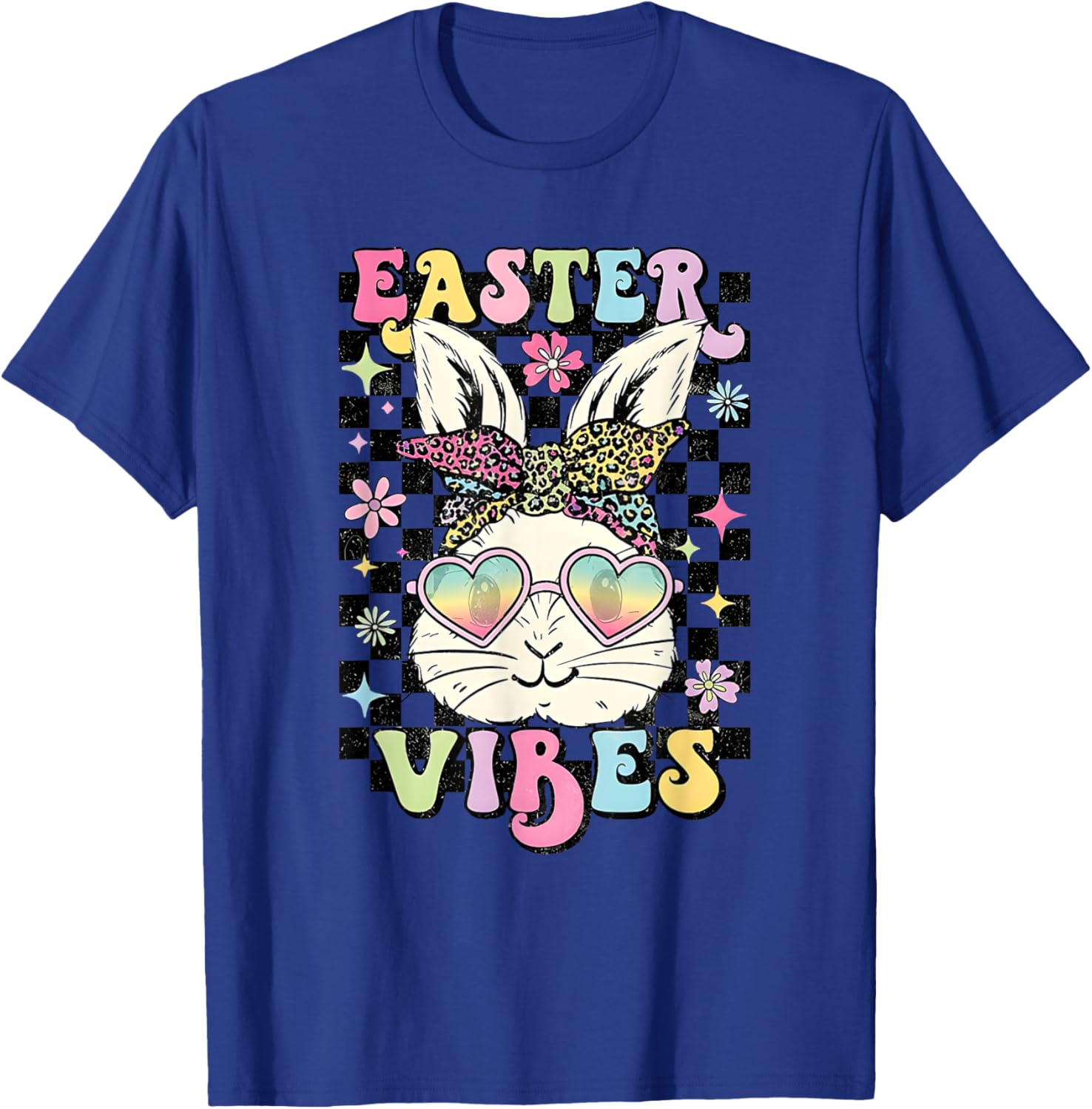 Retro Groovy Easter Vibes Bunny Checkered T-Shirt for Women and Girls - 14