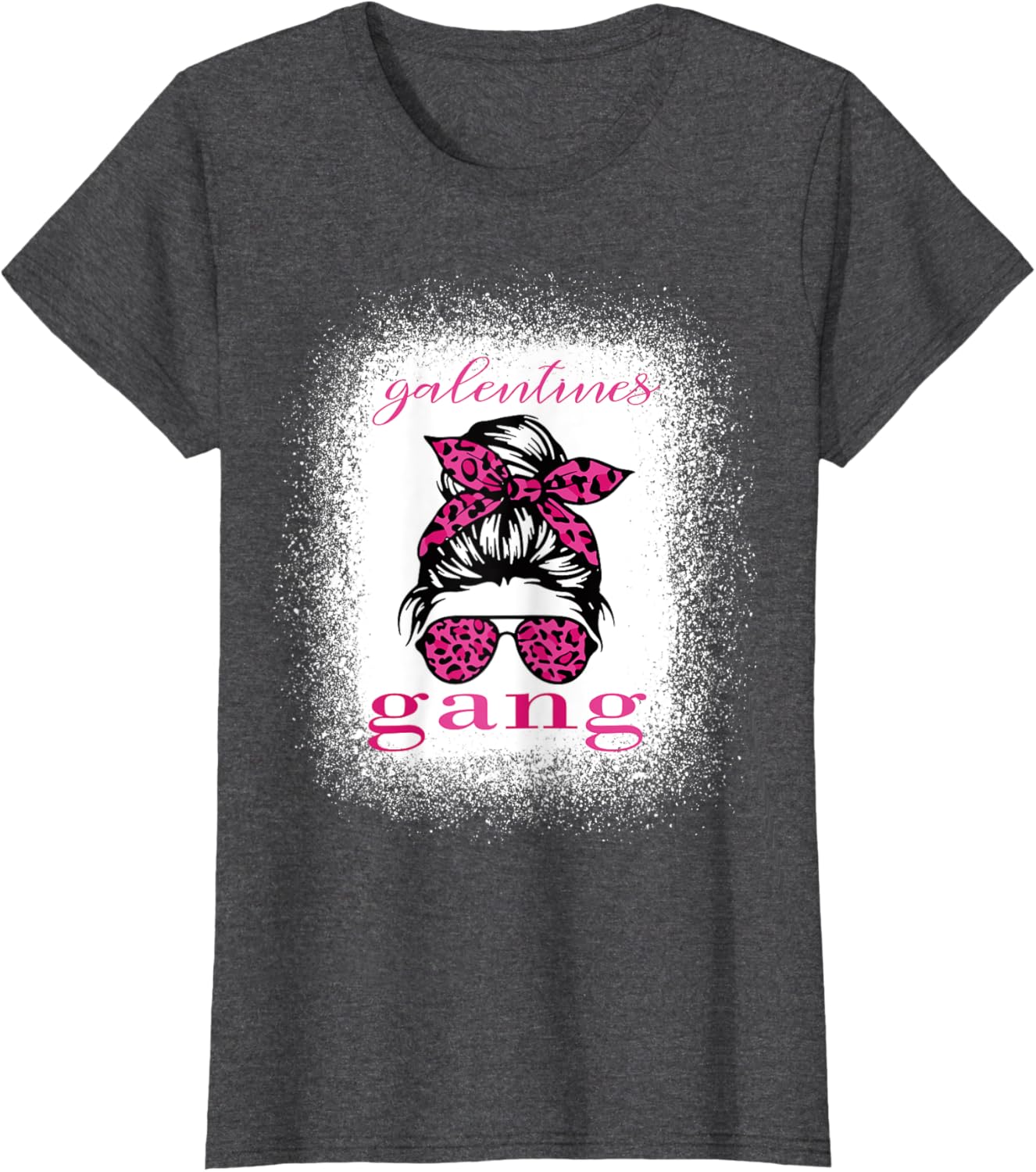 Galentine Gang Matching T-Shirt with Messy Bun Leopard Bleached Design - 9