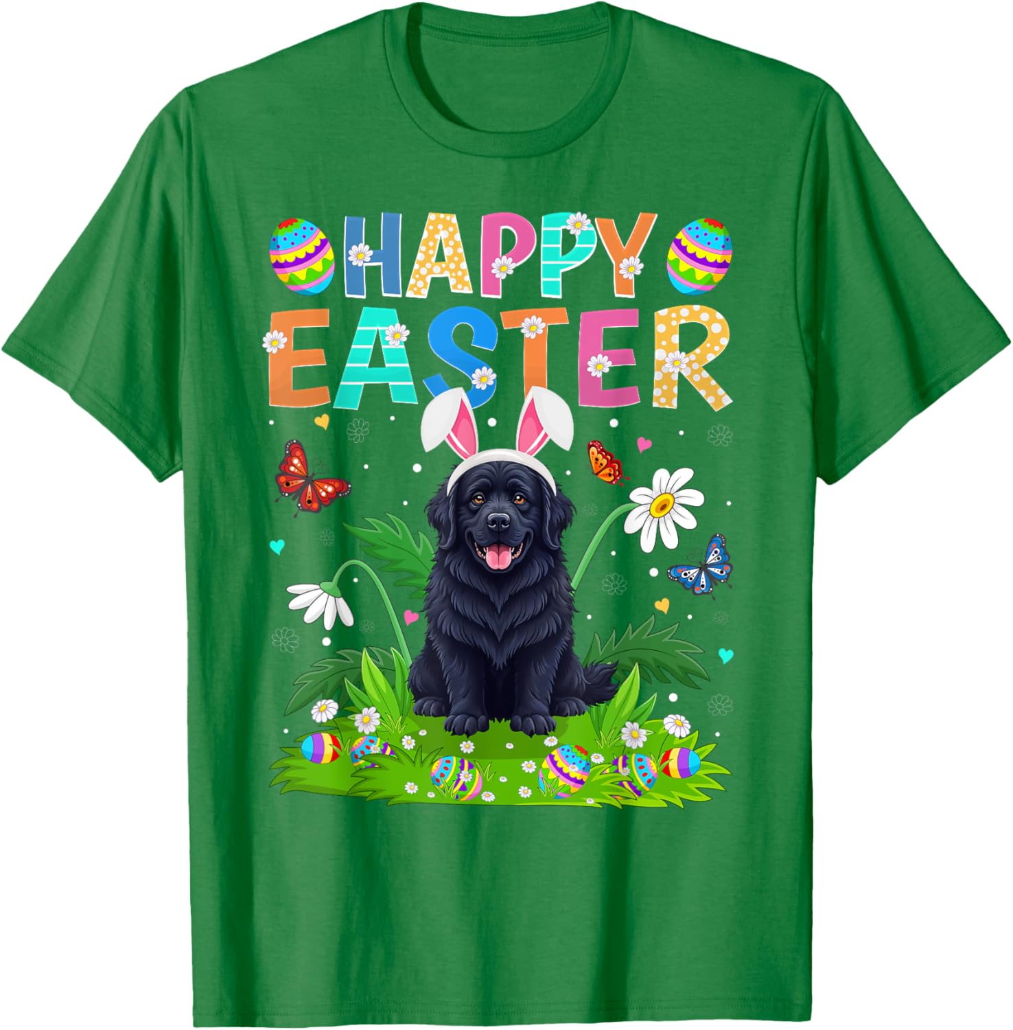 Newfoundland Dog Easter Egg Hunt T-Shirt with Bunny Ears Design - 3