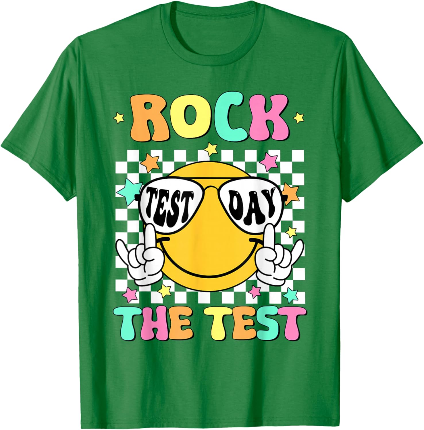 Rock the Test Teacher T-Shirt with Smile Face for Test Day Fun - 17