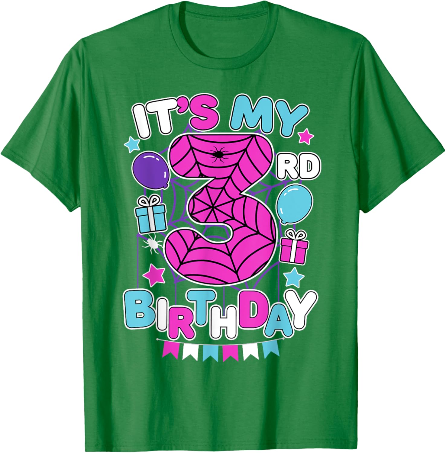 Cute 3rd Birthday Spider Web Theme T-Shirt for Girls Age Three - 12
