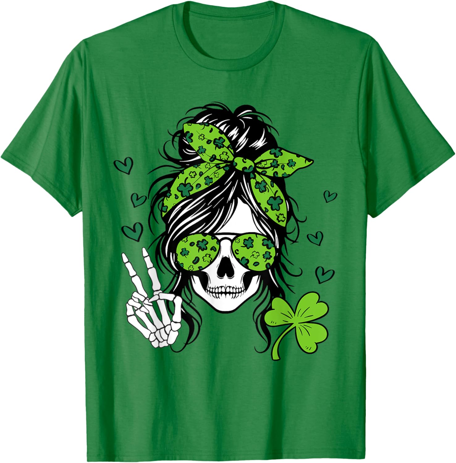 Lucky Irish Skull Girl T-Shirt for St. Patrick's Day with Messy Bun Design - 24