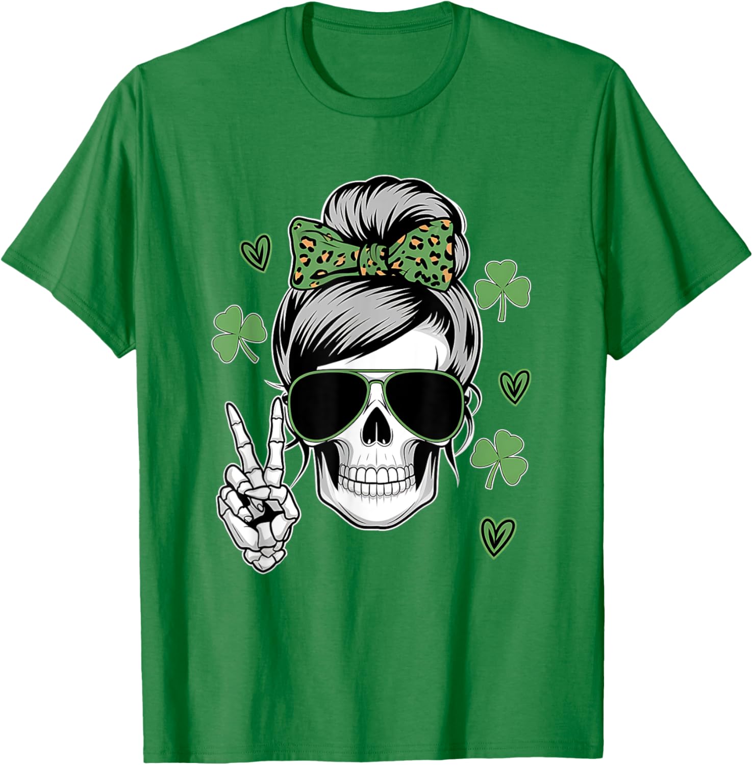 St Patricks Day Skull Messy Bun T-Shirt for Women - Fun and Stylish Wear - 6