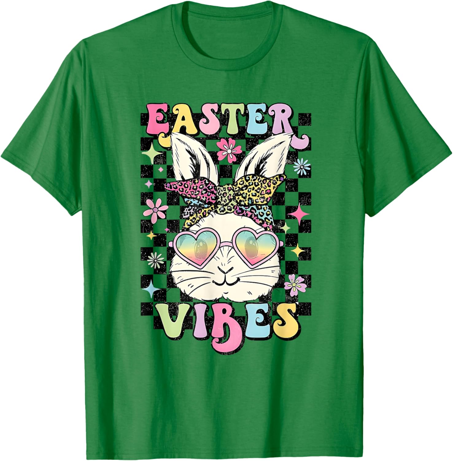 Retro Groovy Easter Vibes Bunny Checkered T-Shirt for Women and Girls - 16