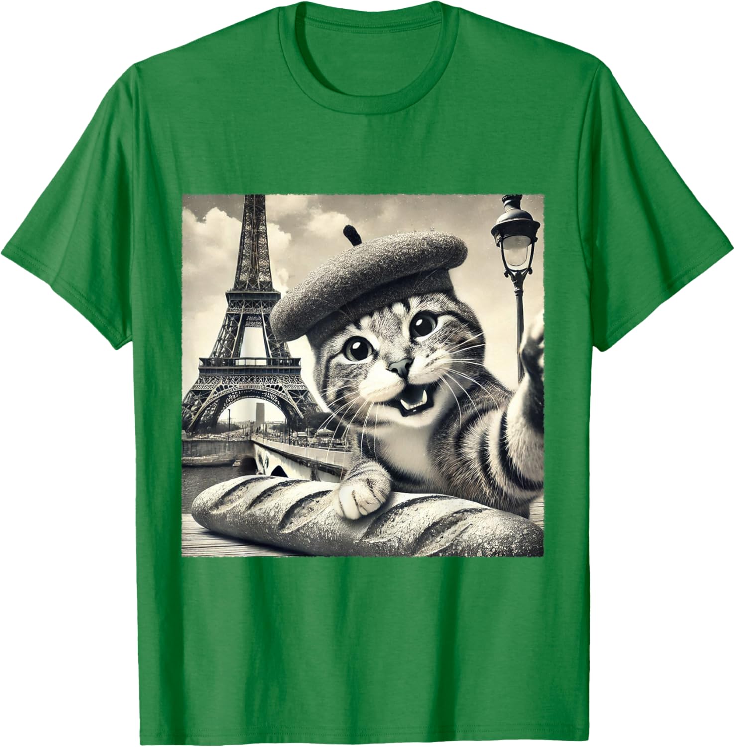 Funny Paris Cat in Beret with Baguette Eiffel Tower T-Shirt for Cat Lovers - 5