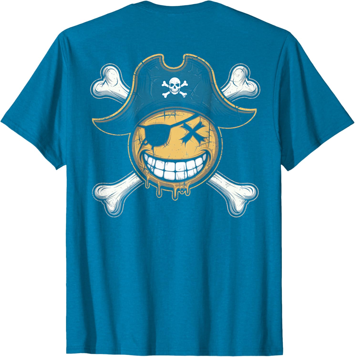 Pirate Captain Smiling Face T-Shirt with Fun X Eyes Backprint Style - 1