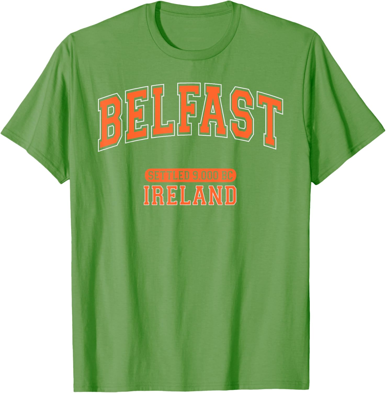 Belfast Ireland Settled 9000 BC Retro Arched Orange Letters T-Shirt - 15