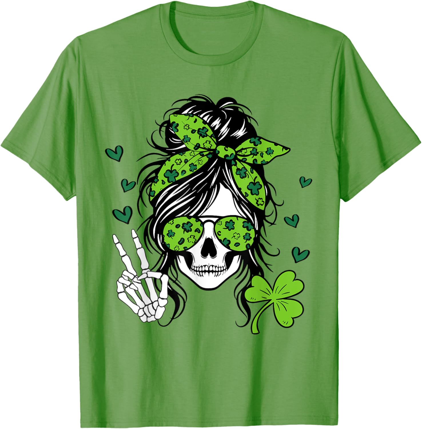 Lucky Irish Skull Girl T-Shirt for St. Patrick's Day with Messy Bun Design - 1