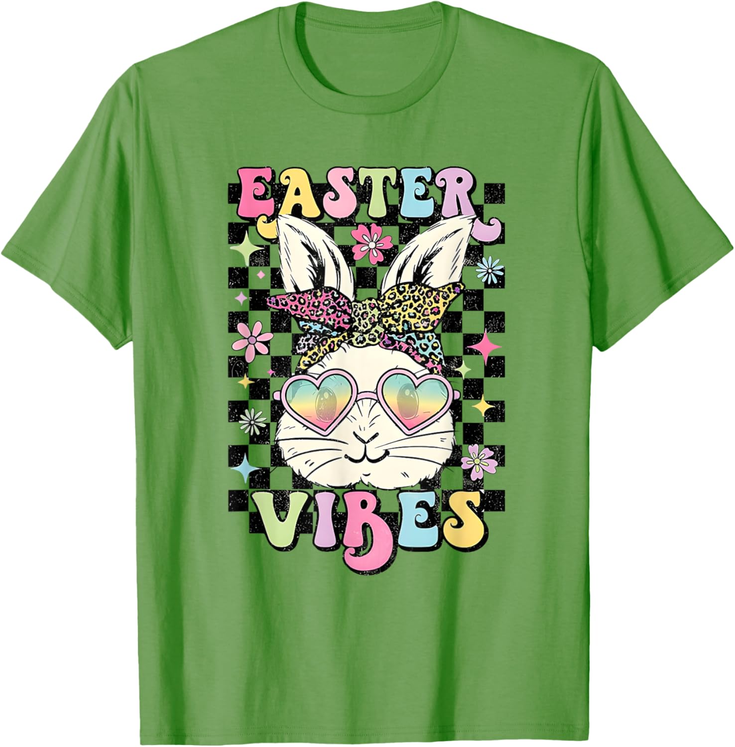 Retro Groovy Easter Vibes Bunny Checkered T-Shirt for Women and Girls - 7