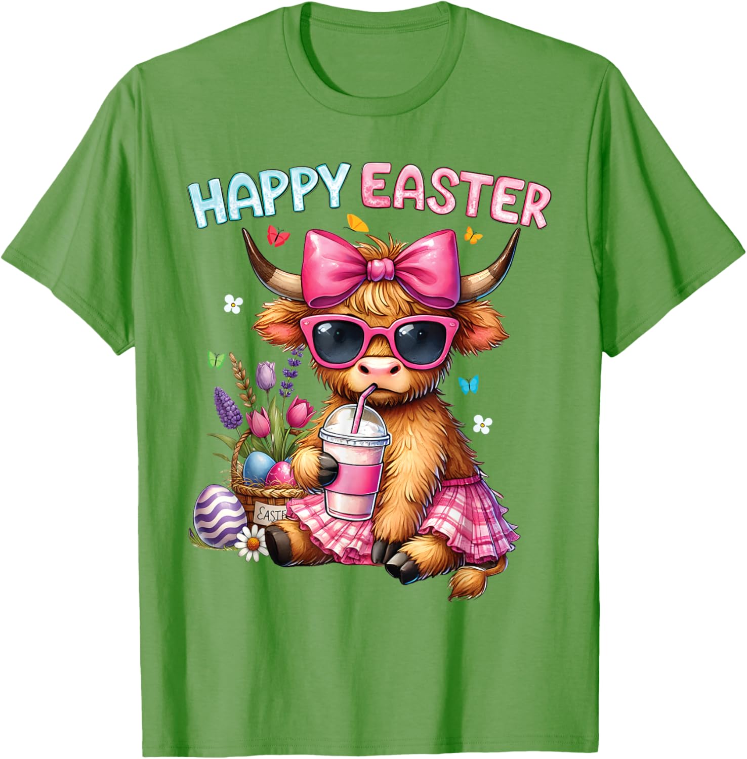 Happy Easter Highland Cow Bunny T-Shirt for Women and Kids - 6