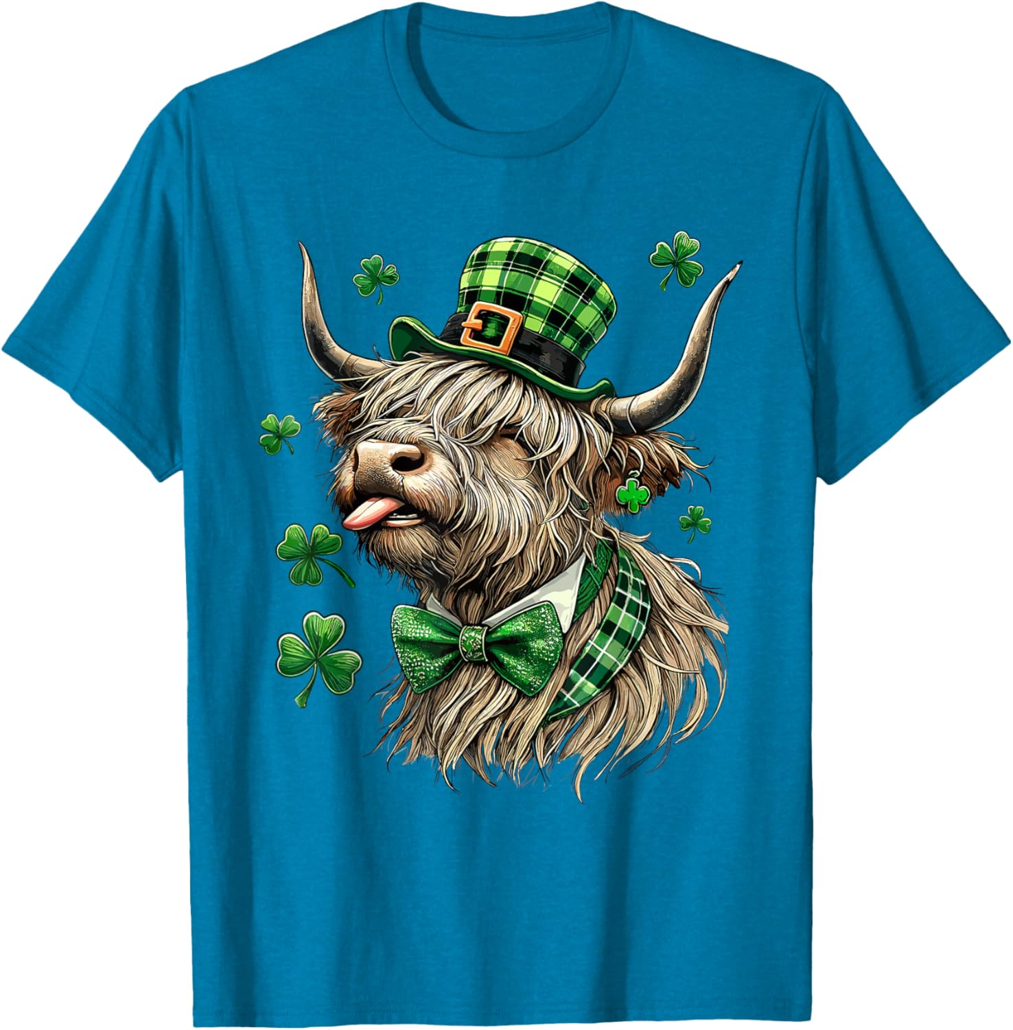 St. Patrick's Day Highland Cow T-Shirt with Lucky Shamrock Design - 24