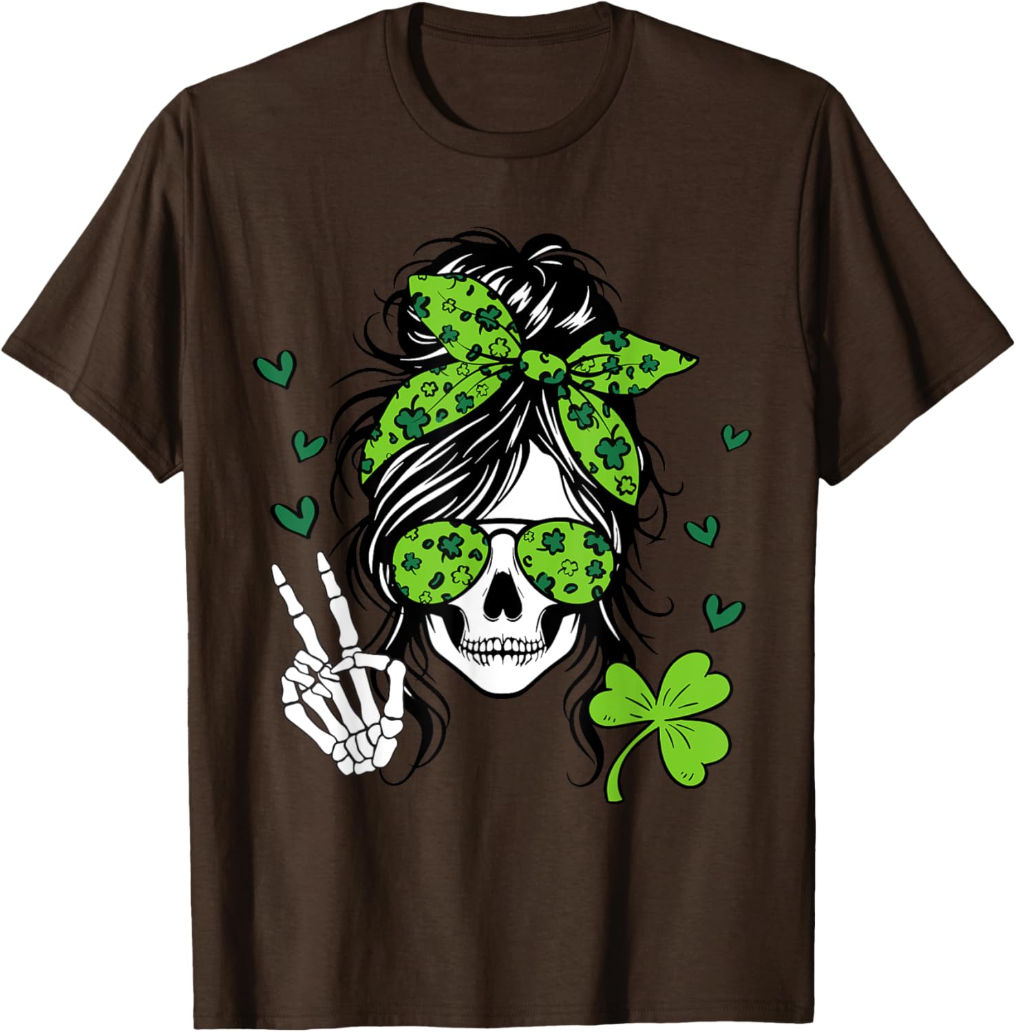 Lucky Irish Skull Girl T-Shirt for St. Patrick's Day with Messy Bun Design - 28