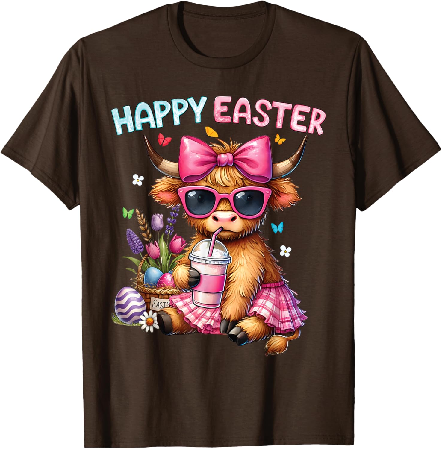 Happy Easter Highland Cow Bunny T-Shirt for Women and Kids - 28