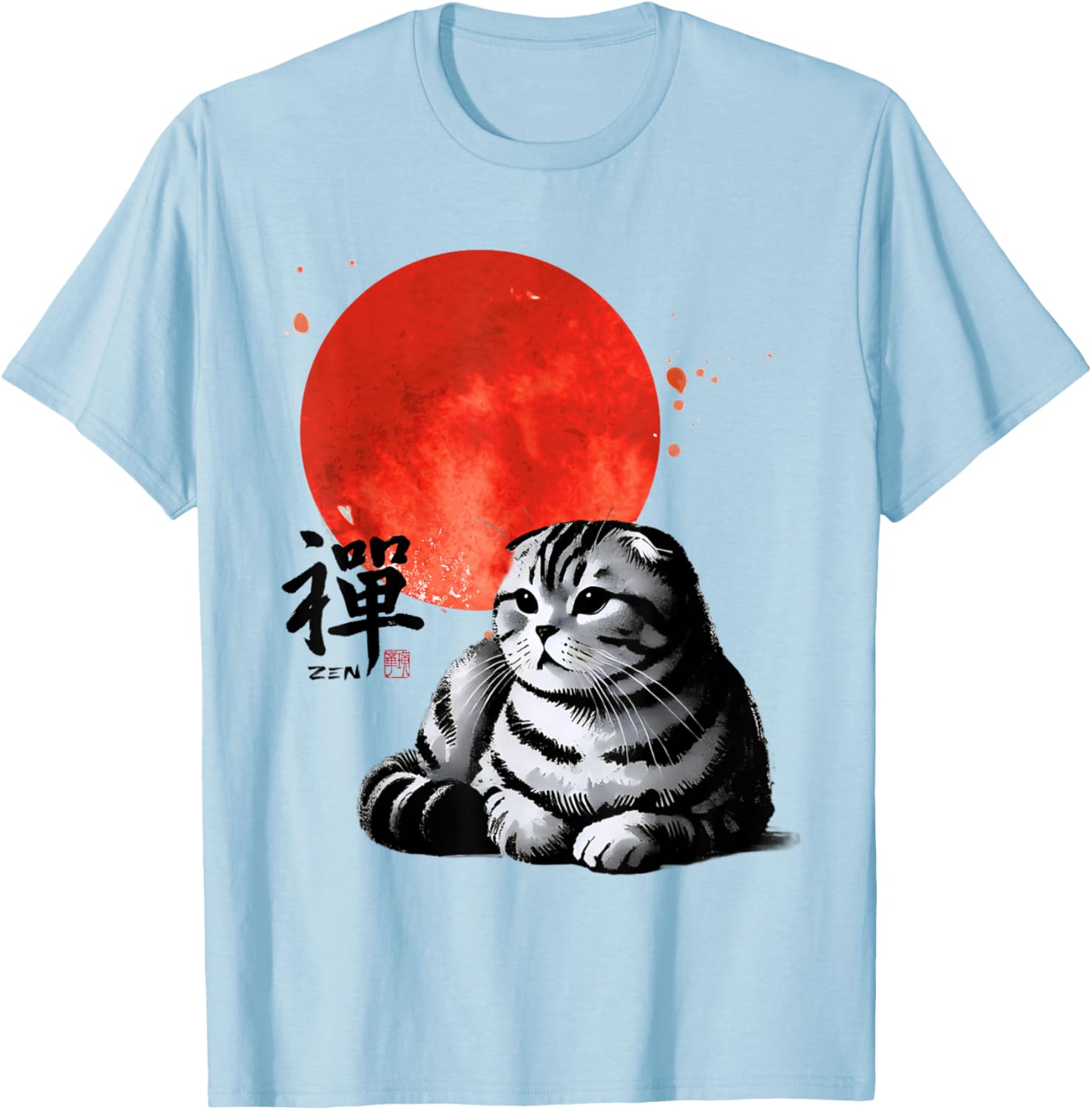 Scottish Fold Cat Sumi-e Art T-Shirt with Japanese Red Sun Design - 10