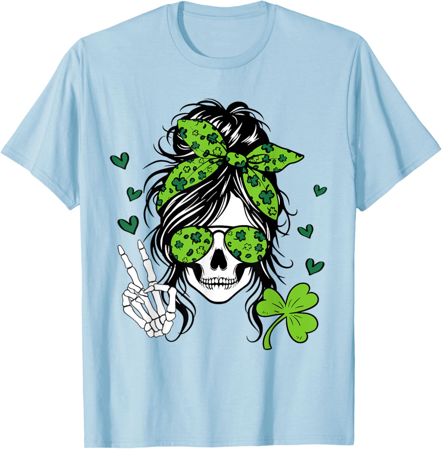 Lucky Irish Skull Girl T-Shirt for St. Patrick's Day with Messy Bun Design - 16