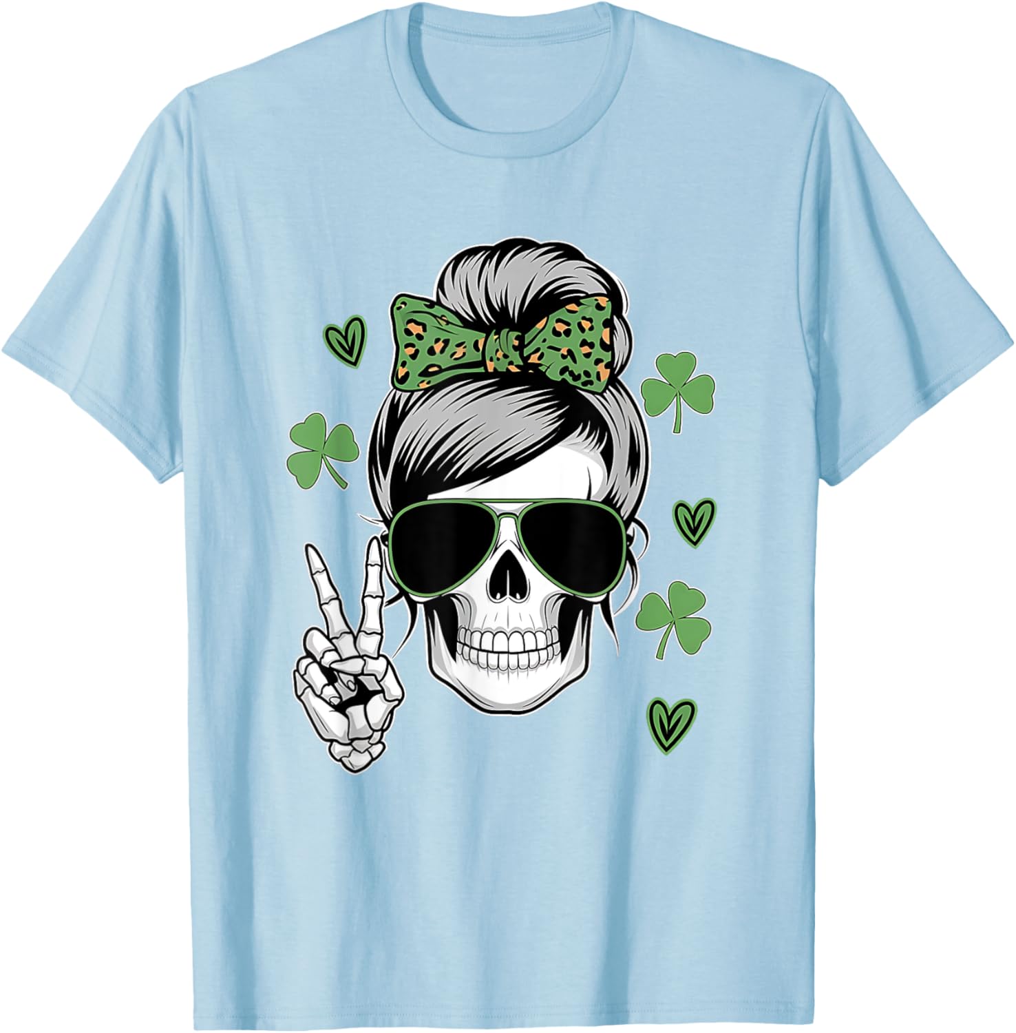 St Patricks Day Skull Messy Bun T-Shirt for Women - Fun and Stylish Wear - 22