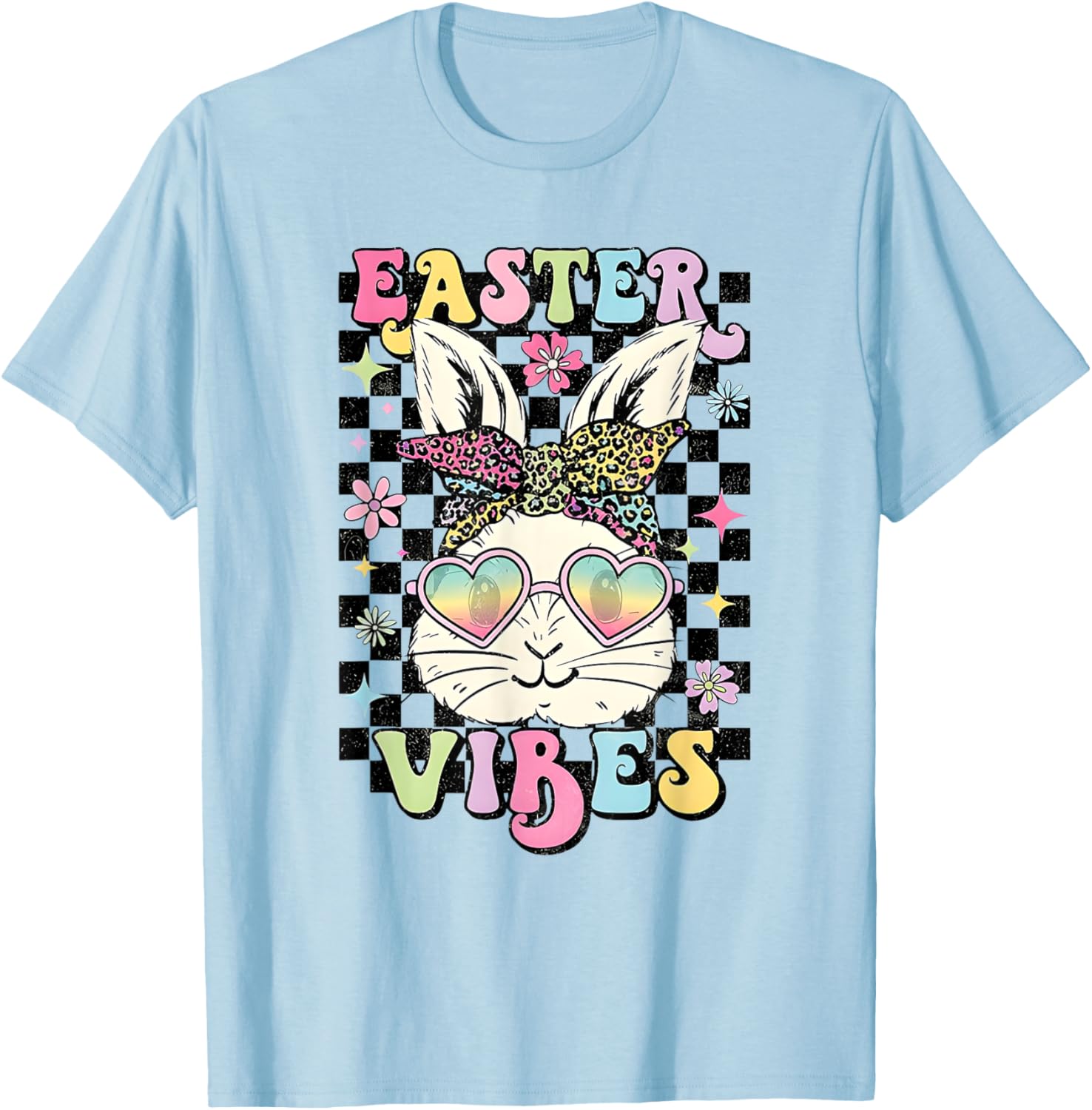 Retro Groovy Easter Vibes Bunny Checkered T-Shirt for Women and Girls - 5