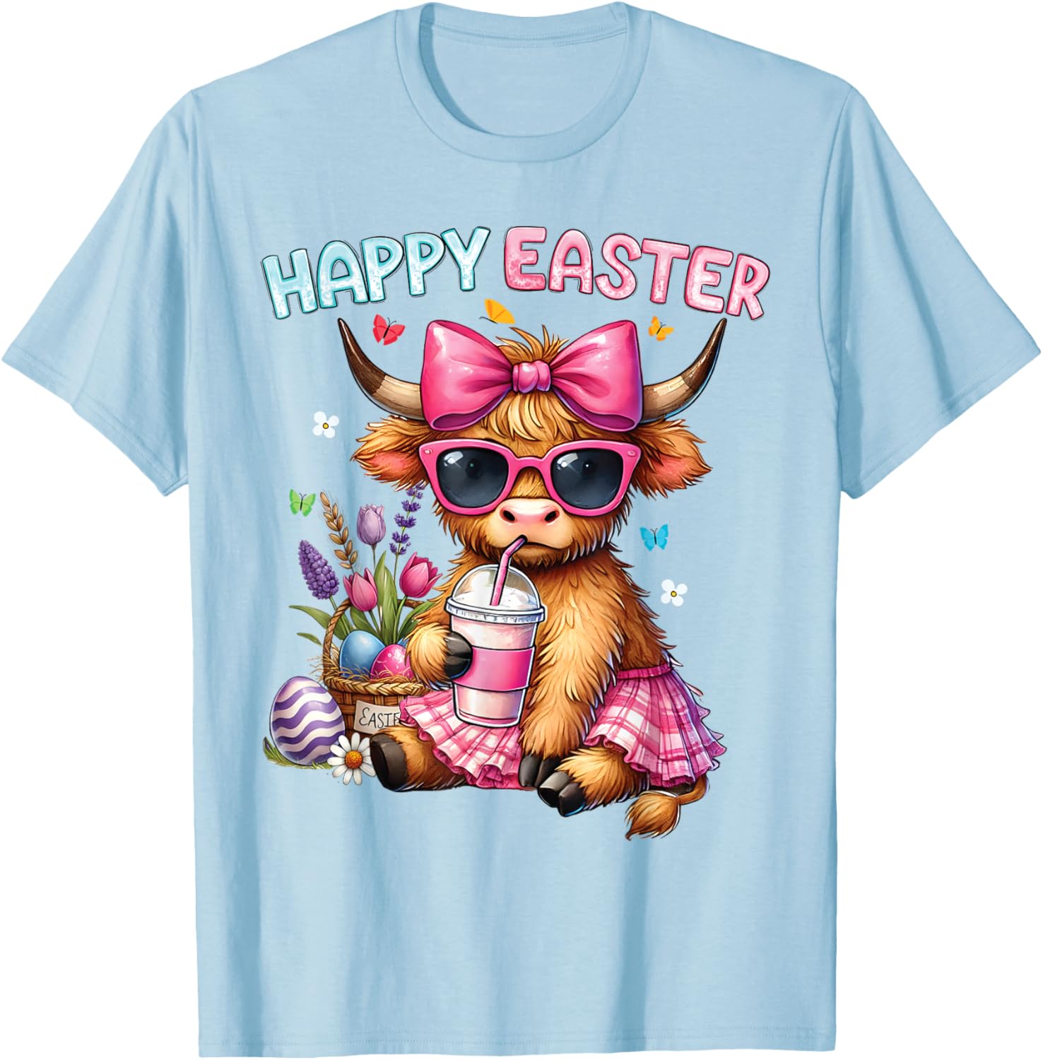 Happy Easter Highland Cow Bunny T-Shirt for Women and Kids - 29
