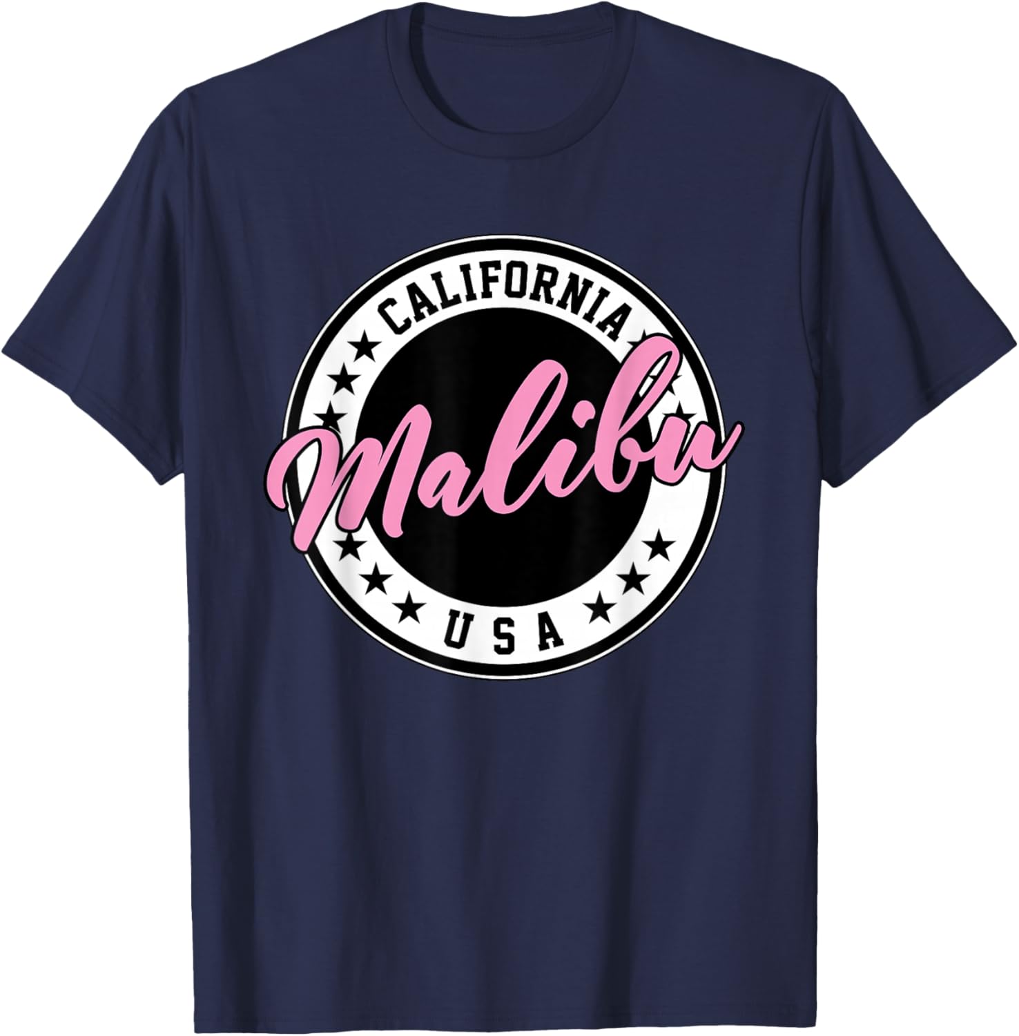 Malibu California Pink Script Circle T-Shirt for Trendy Summer Style - 1