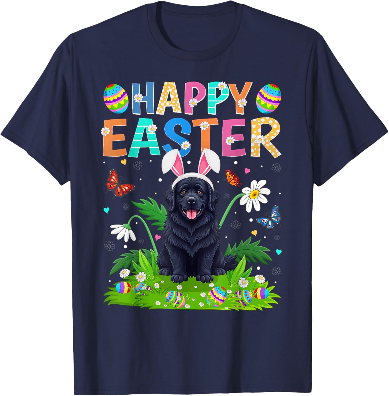 Newfoundland Dog Easter Egg Hunt T-Shirt with Bunny Ears Design - 4
