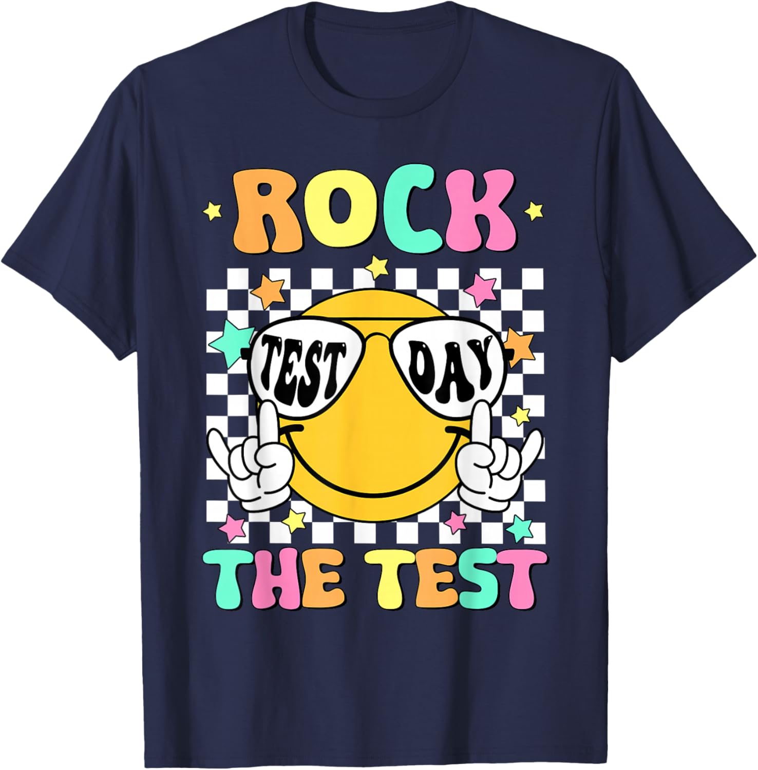 Rock the Test Teacher T-Shirt with Smile Face for Test Day Fun - 22