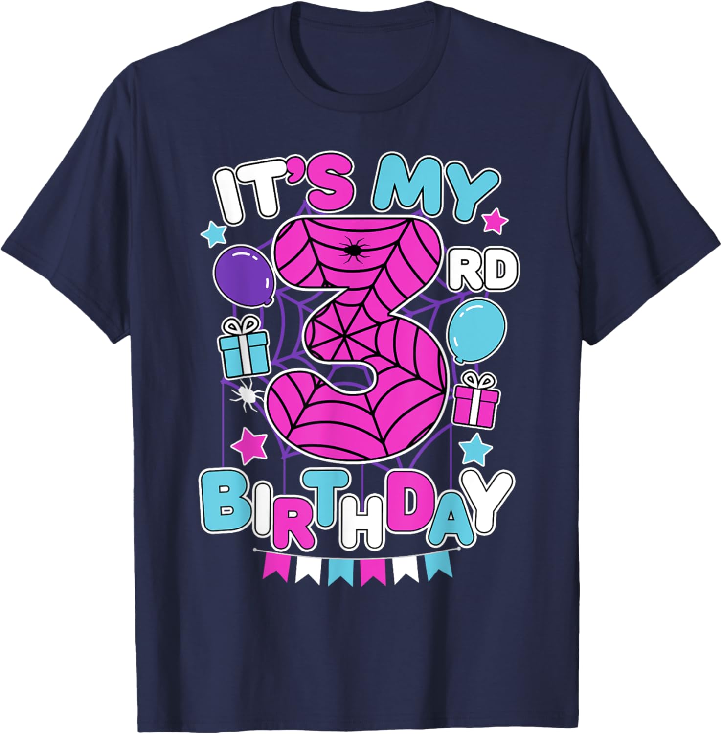 Cute 3rd Birthday Spider Web Theme T-Shirt for Girls Age Three - 9