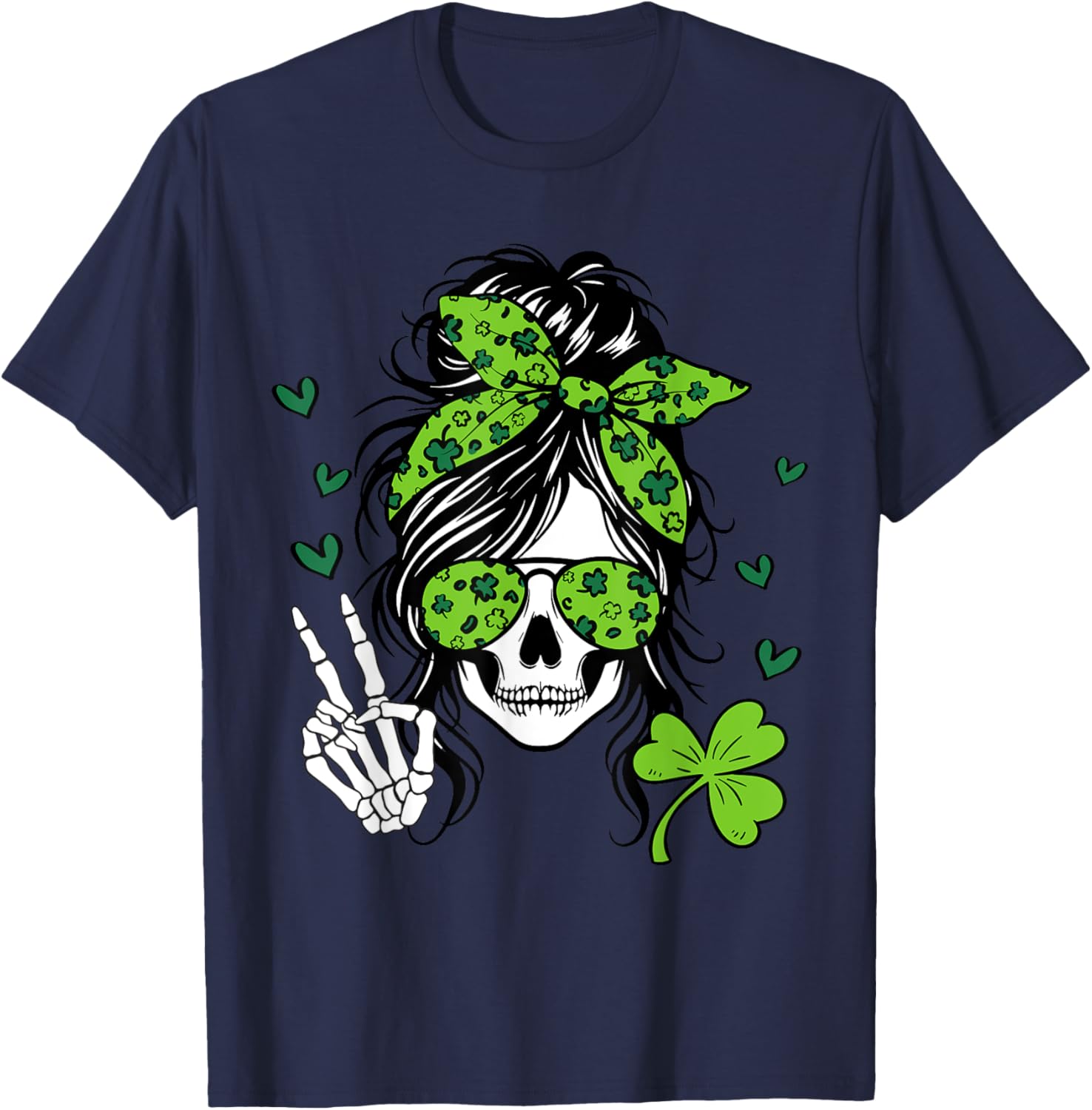 Lucky Irish Skull Girl T-Shirt for St. Patrick's Day with Messy Bun Design - 3