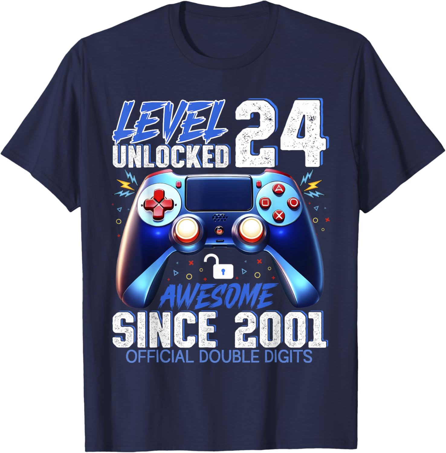 Level 24 Unlocked Gaming T-Shirt for 24th Birthday Fun Since 2001 - 1