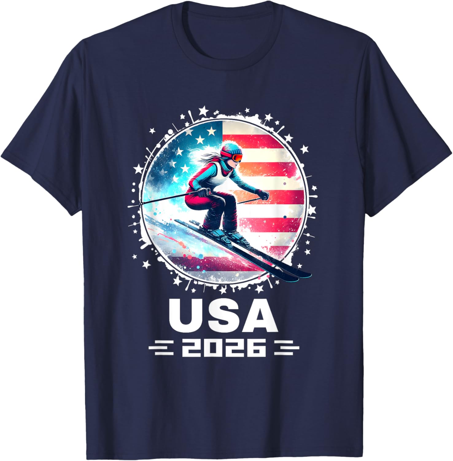 Skier USA Team 2026 Women's American Flag Skiing T-Shirt - 20