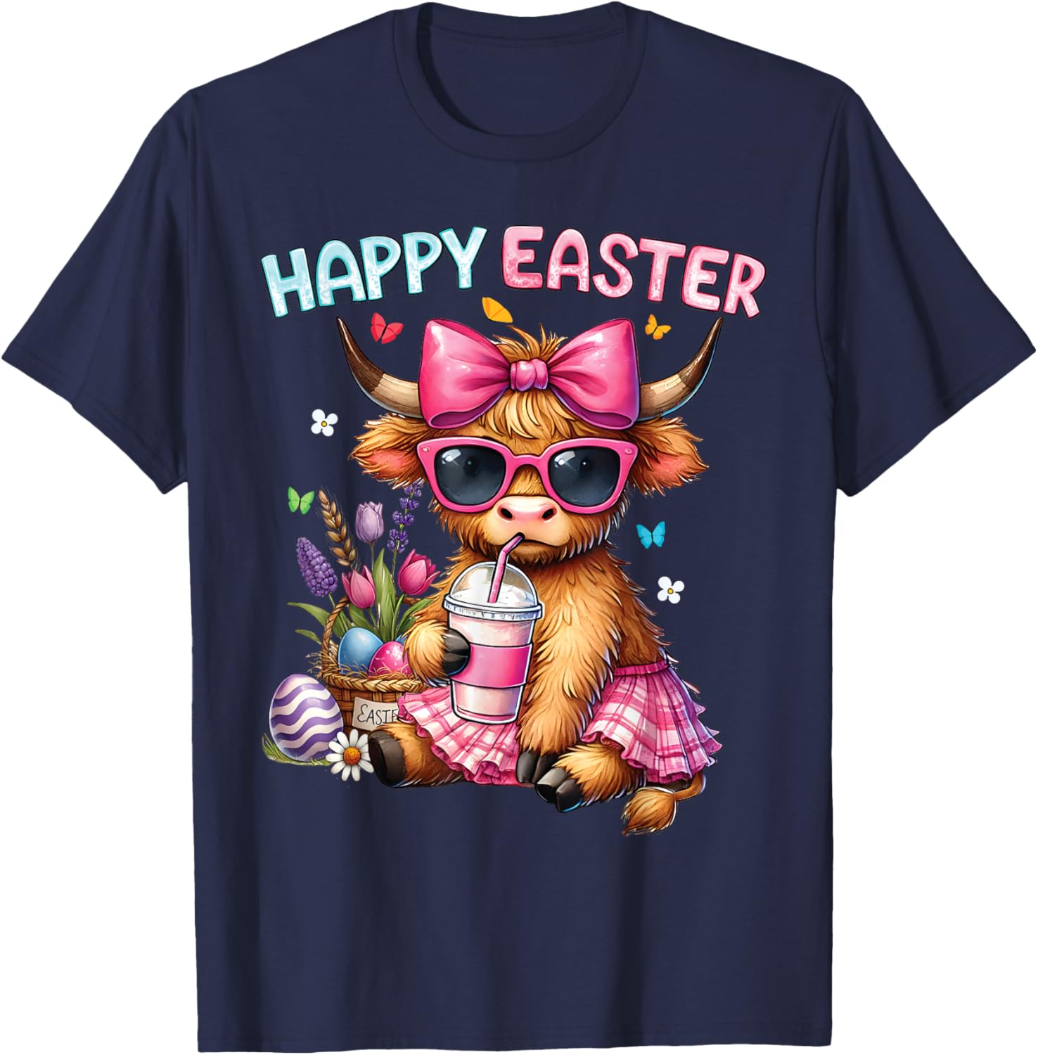 Happy Easter Highland Cow Bunny T-Shirt for Women and Kids - 2