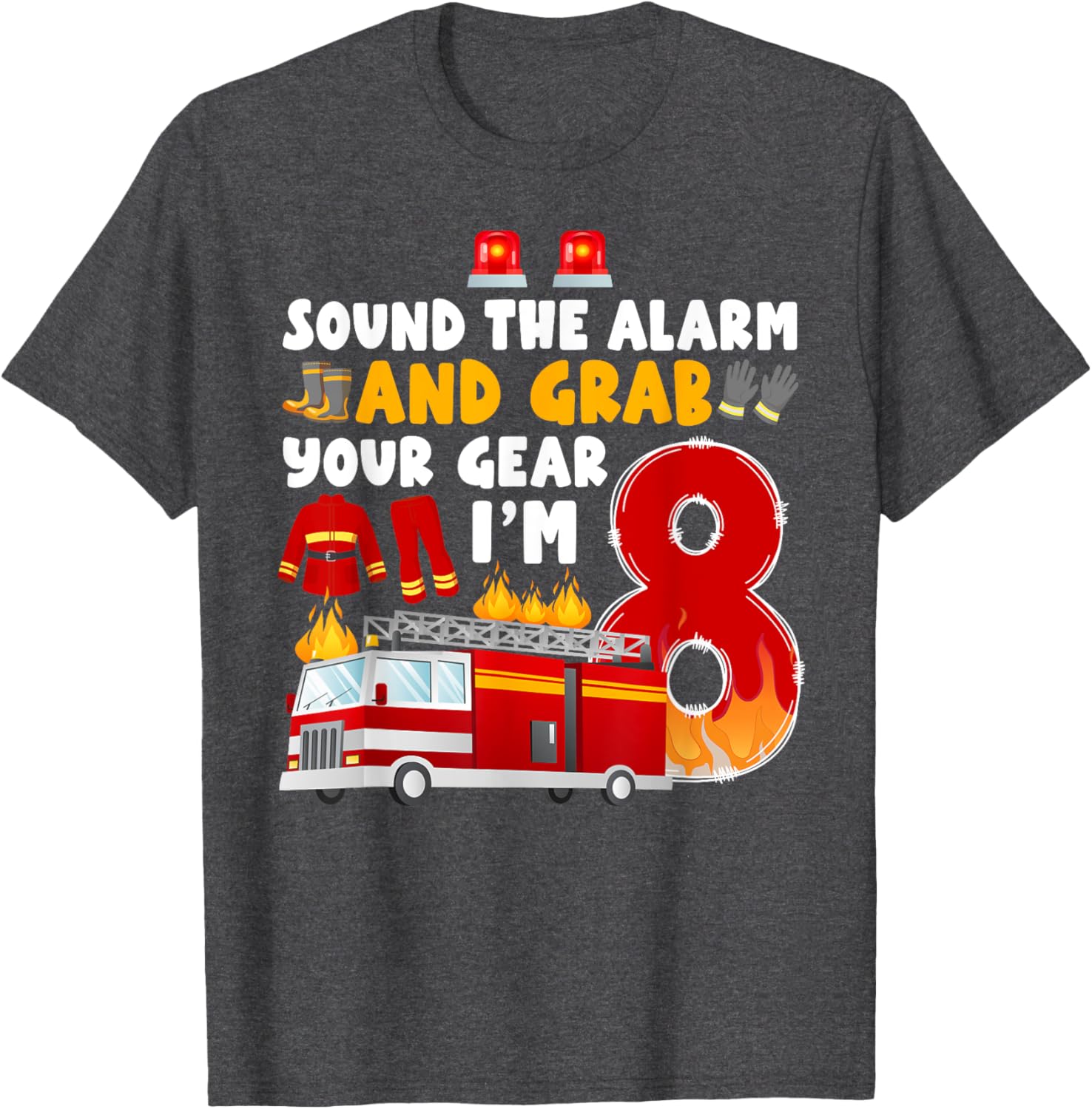 8th Birthday Firefighter T-Shirt for Boys Cute Fireman Graphic Tee - 8
