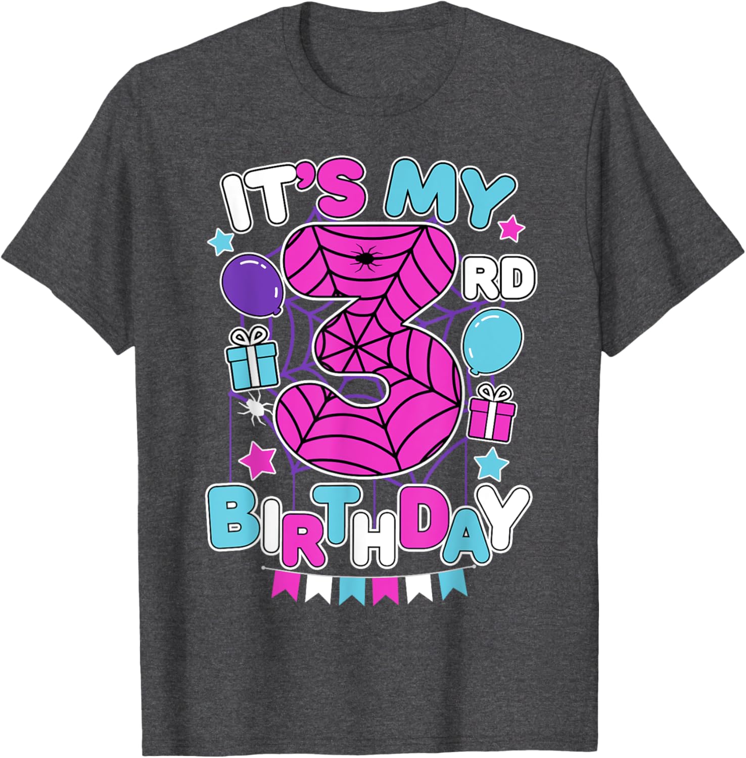 Cute 3rd Birthday Spider Web Theme T-Shirt for Girls Age Three - 1