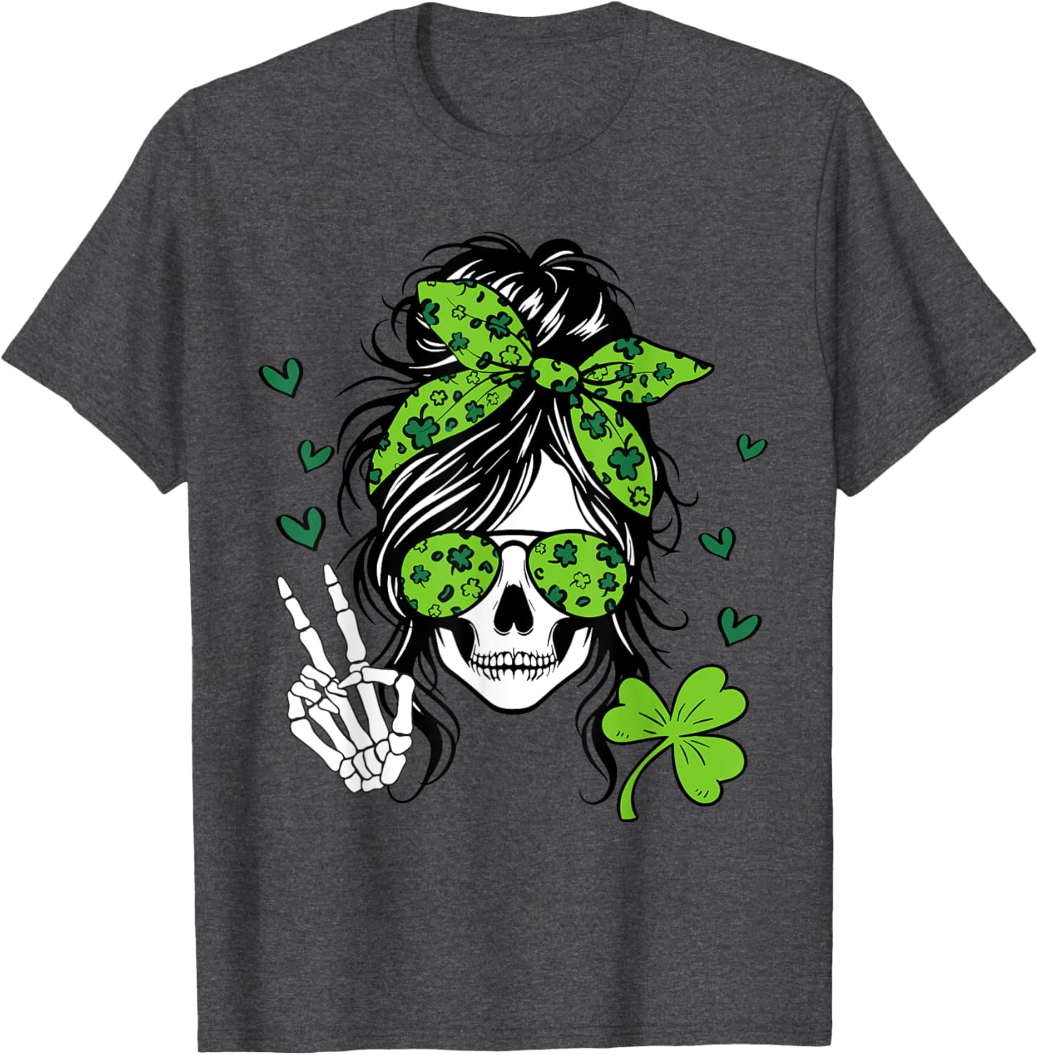 Lucky Irish Skull Girl T-Shirt for St. Patrick's Day with Messy Bun Design - 4