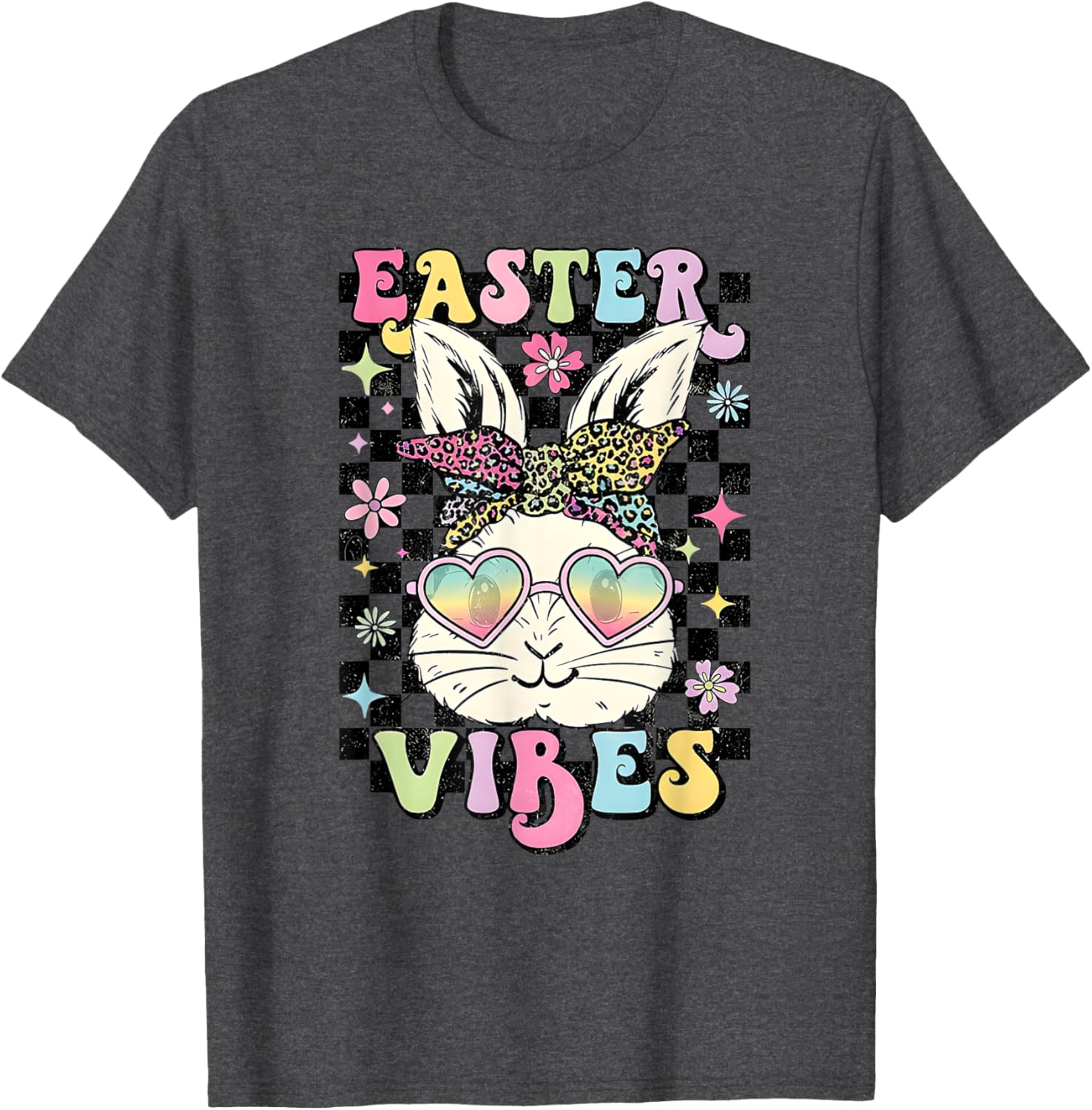 Retro Groovy Easter Vibes Bunny Checkered T-Shirt for Women and Girls - 8