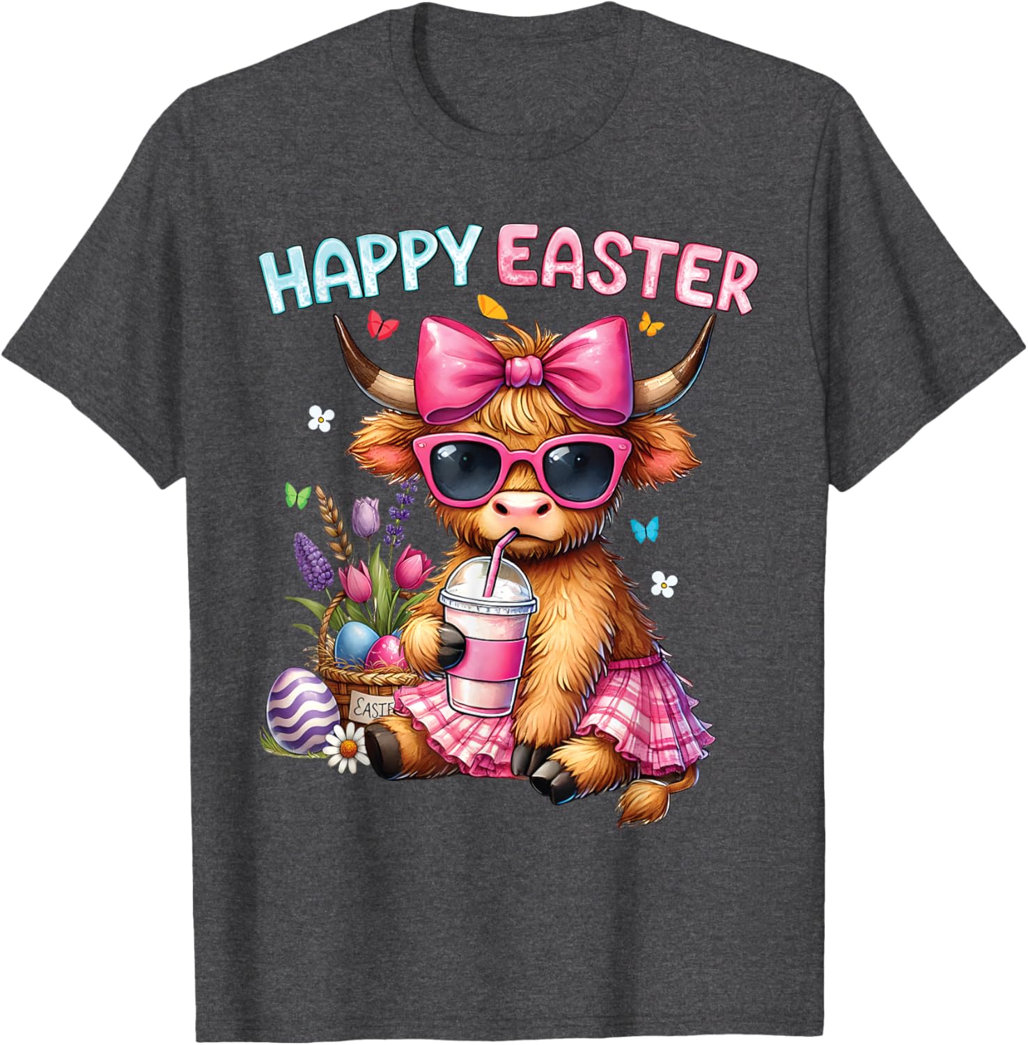 Happy Easter Highland Cow Bunny T-Shirt for Women and Kids - 13