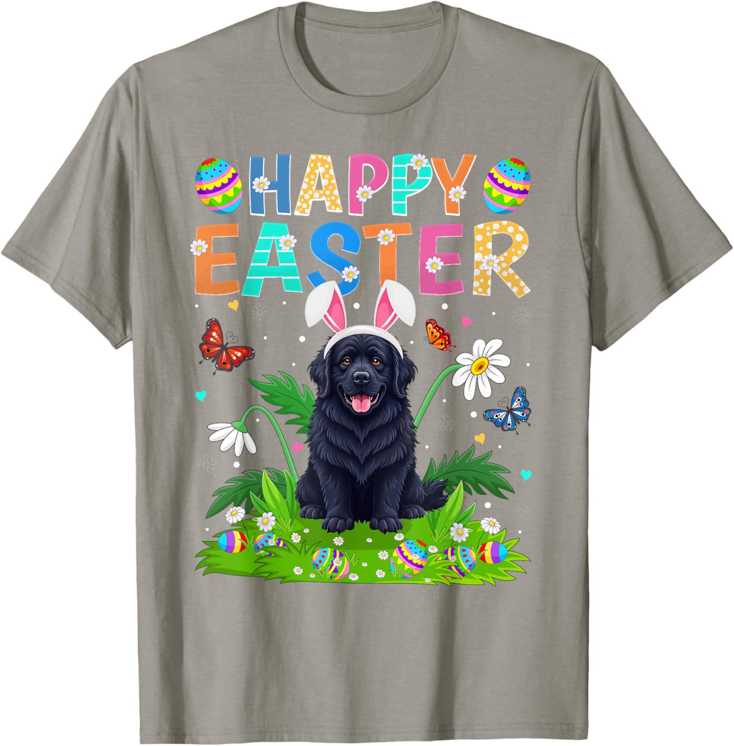 Newfoundland Dog Easter Egg Hunt T-Shirt with Bunny Ears Design - 7